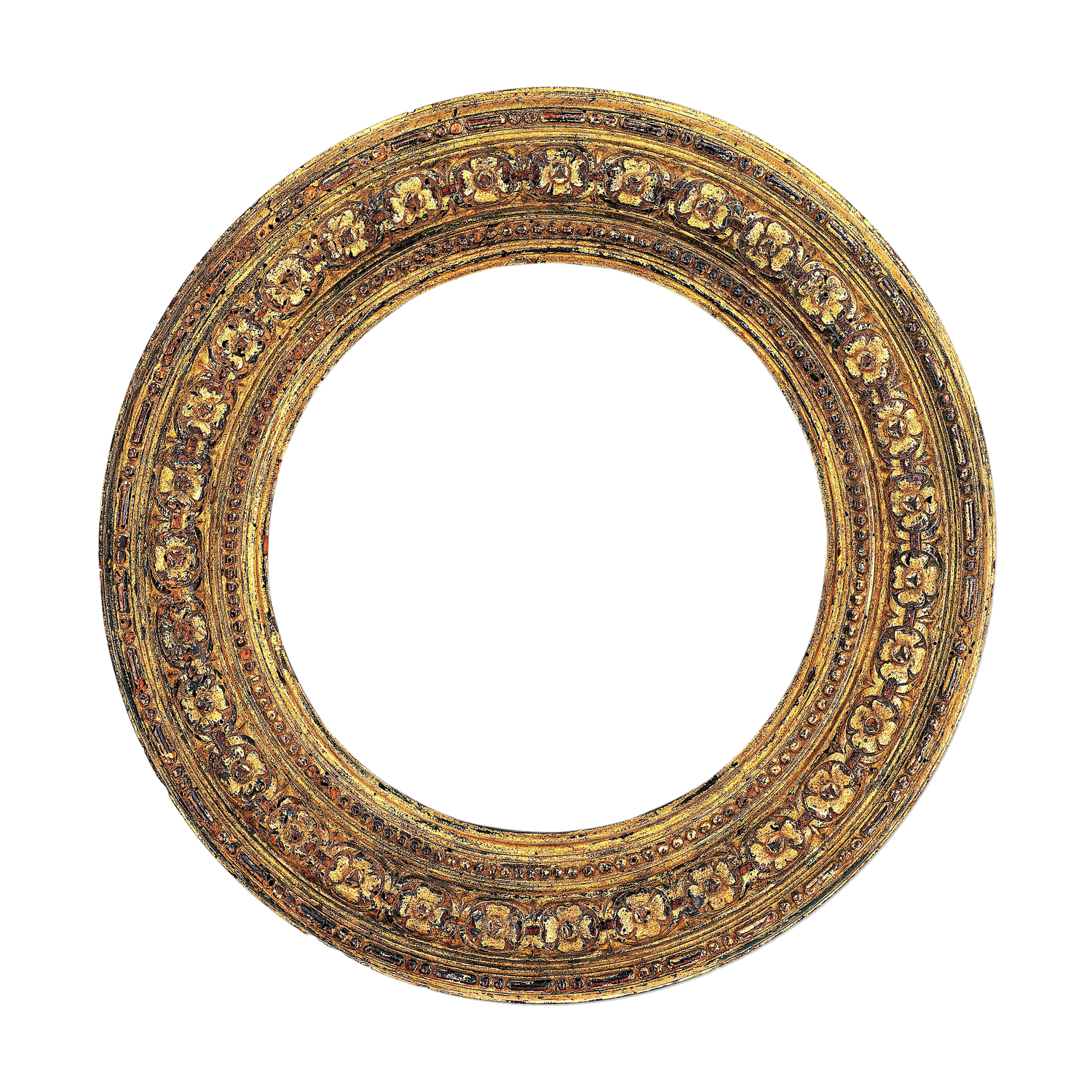 Ornate golden circular picture frame with intricate floral carvings and antique finish on white background.