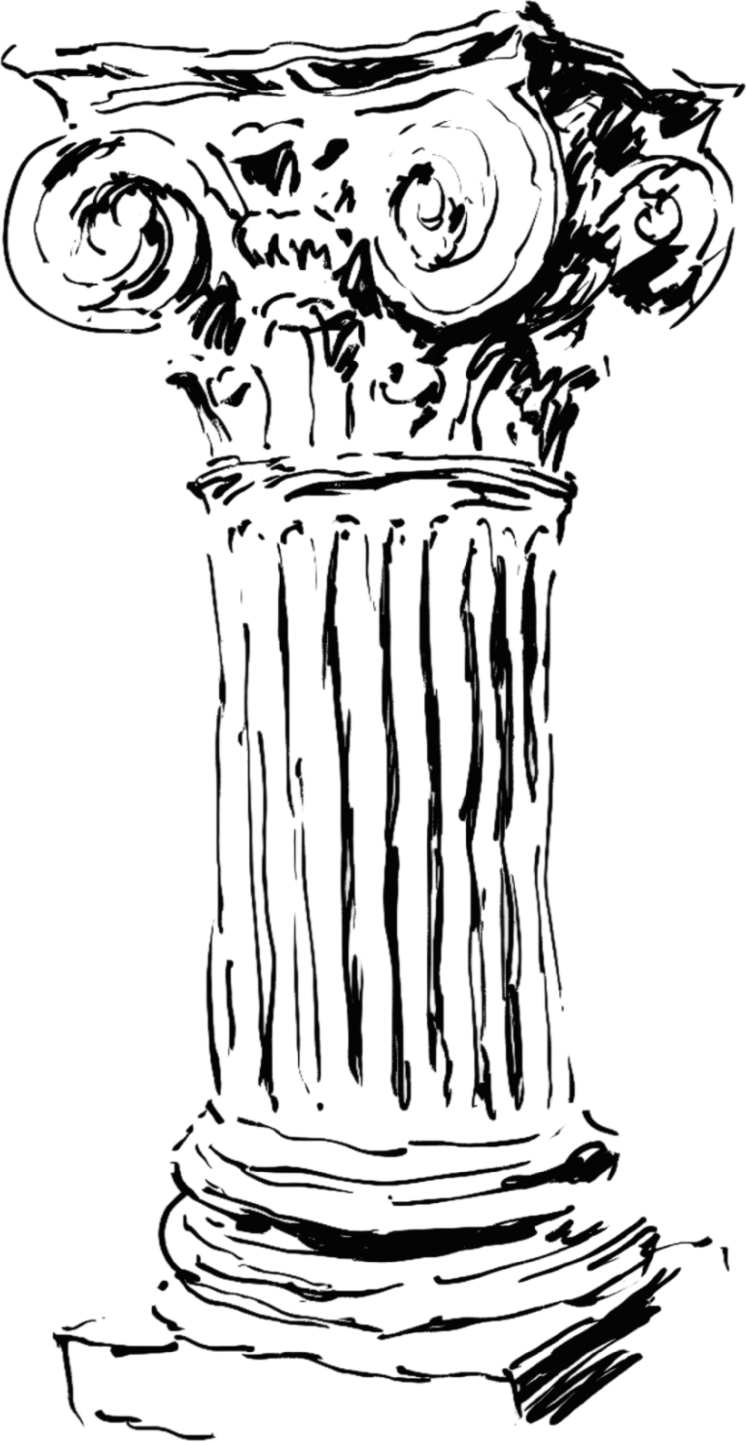 Black and white sketch of an ancient Ionic column with ornate capital featuring scrolls and acanthus leaf details.