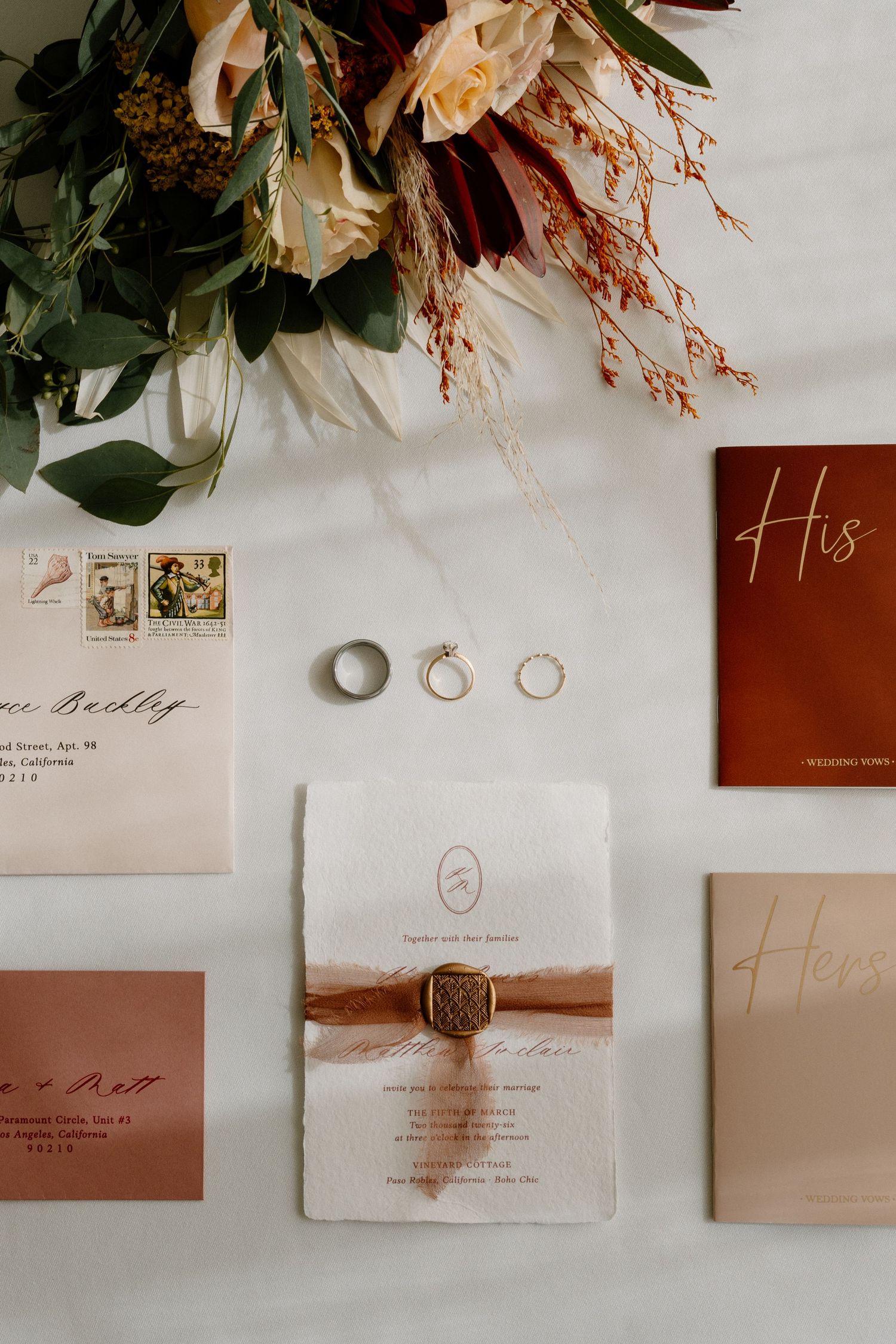 Flat lay of wedding stationery, rings, vow books, and floral bouquet on white background.