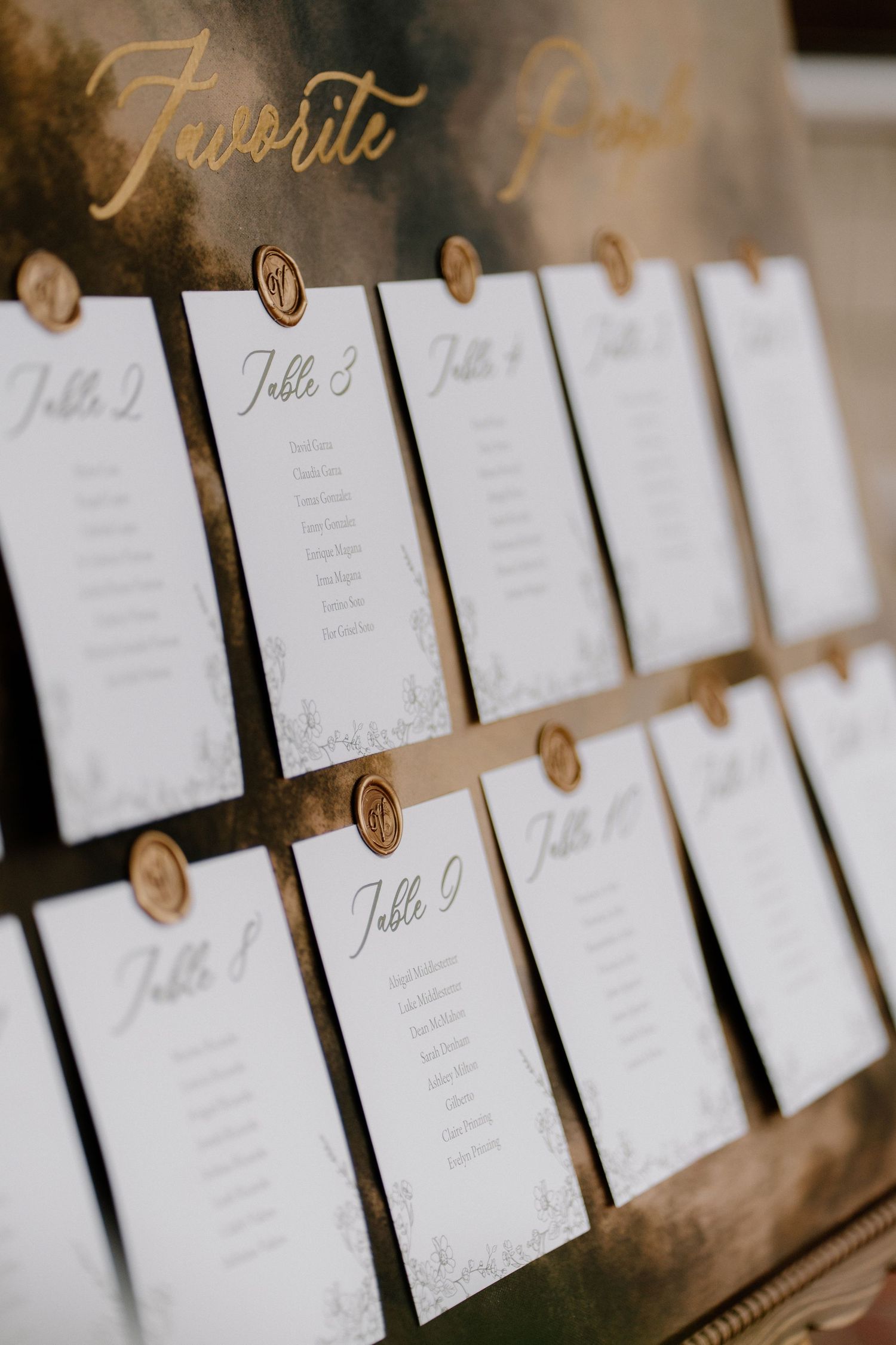 Elegant wedding seating chart display with gold wax seals and calligraphy table cards on a dark background.