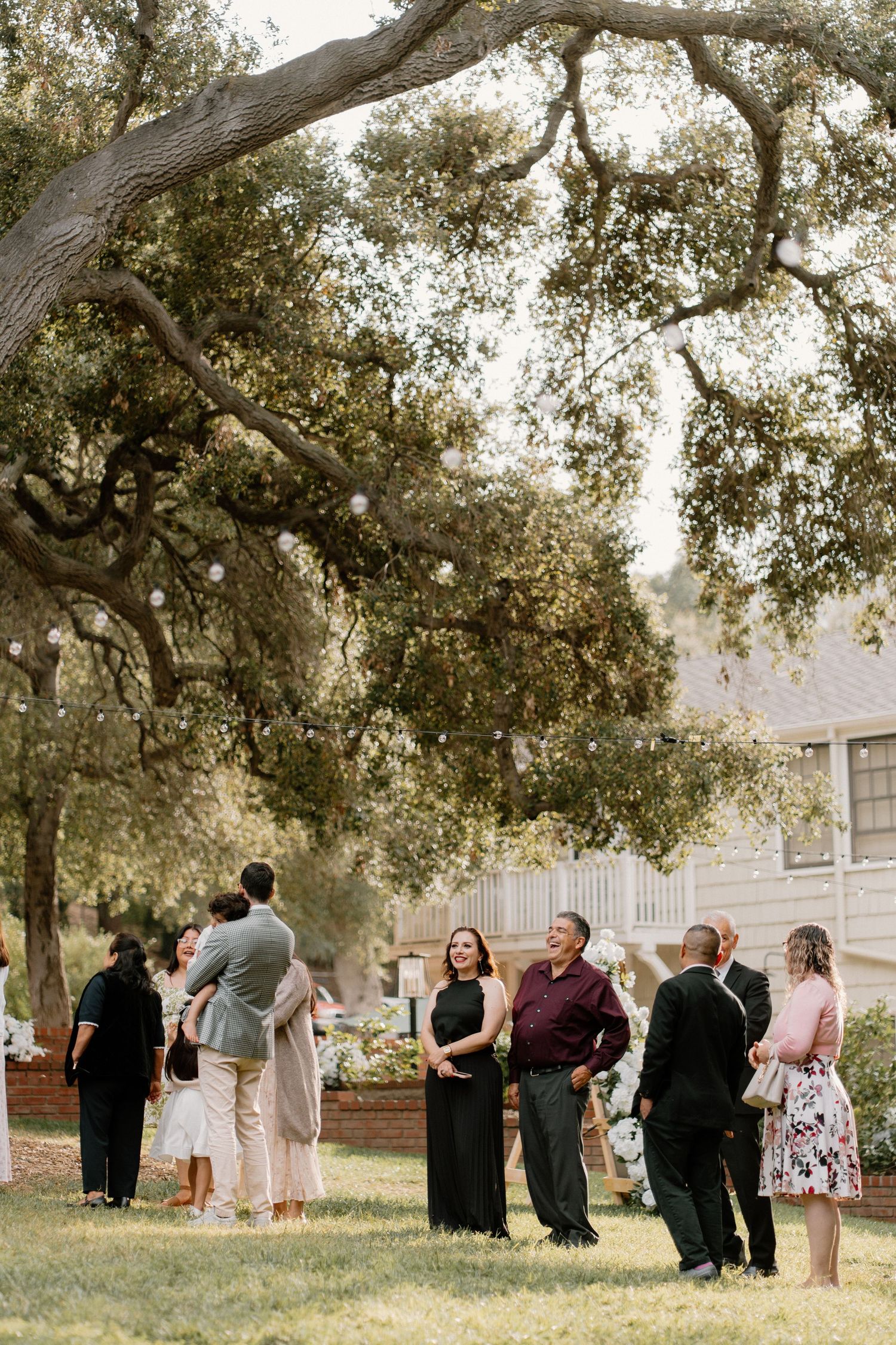 Wedding guests mingle on a lawn under large oak trees with string lights at an outdoor reception.