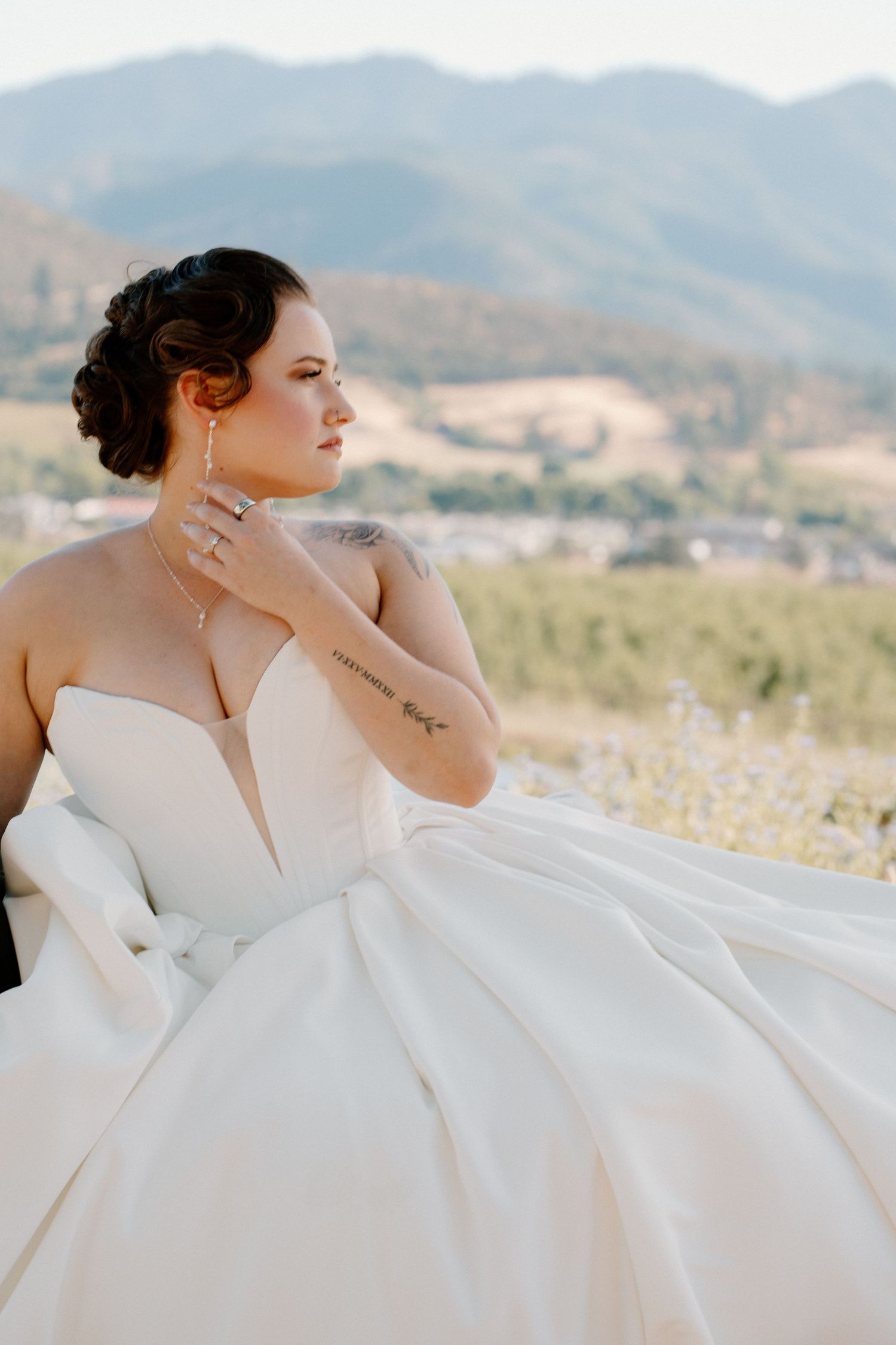 Bride in strapless ballgown wedding dress poses with mountain valley backdrop, showcasing elegant updo and delicate jewelry.