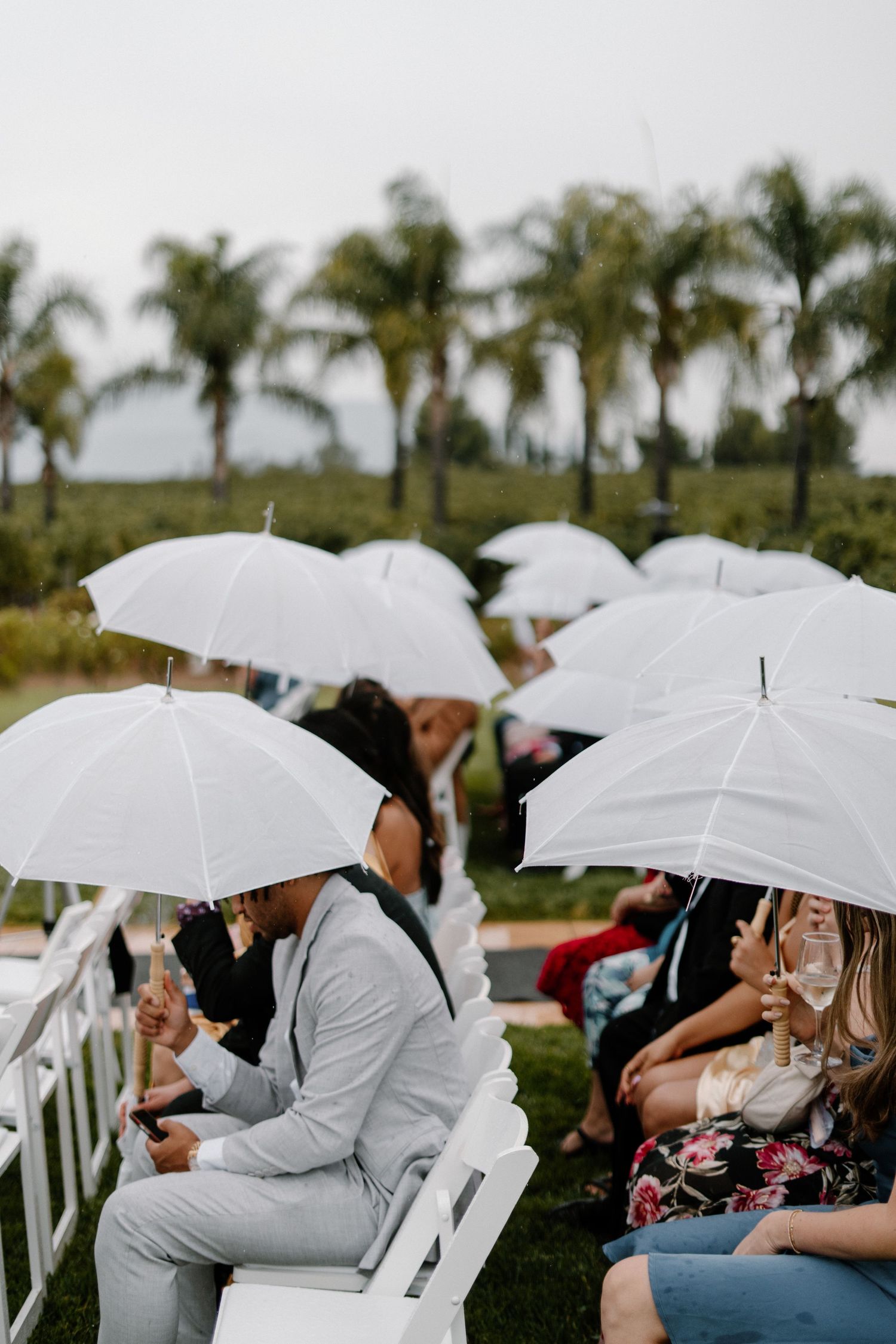 Wedding guests seated outdoors holding white umbrellas during an outdoor ceremony surrounded by palm trees.