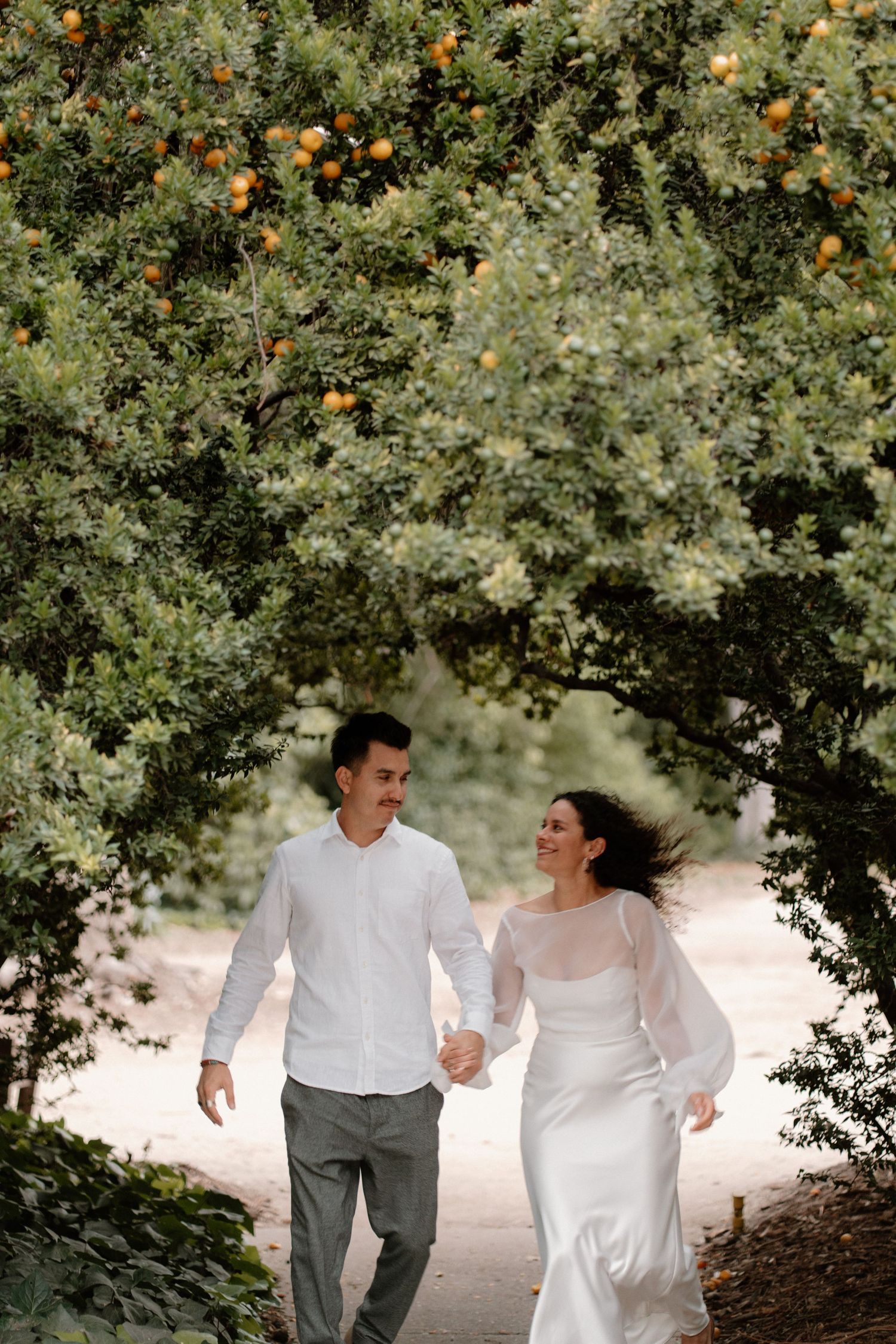 A happy couple holds hands and walks together under a canopy of fruit trees in a lush garden.
