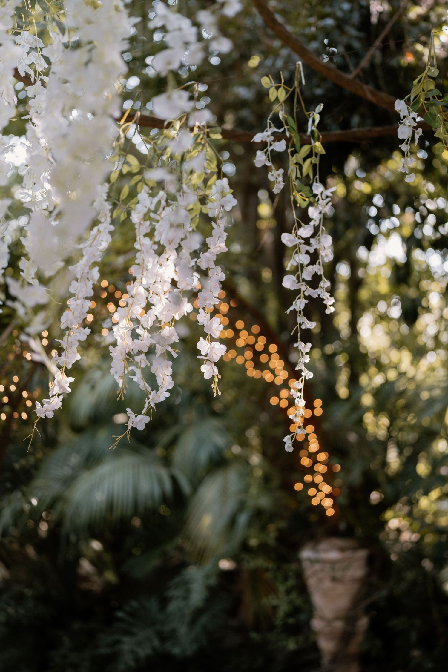 Cascading white wisteria floral installation with warm bokeh string lights at an outdoor garden wedding.