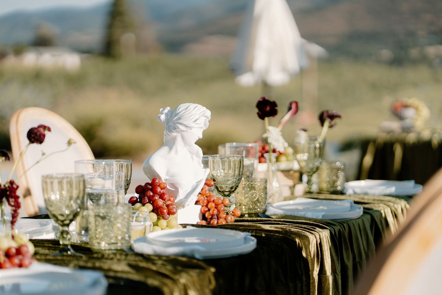 Elegant outdoor tablescape with crystal glasses, grape clusters, white bust, and dark floral arrangements set against rolling hills.