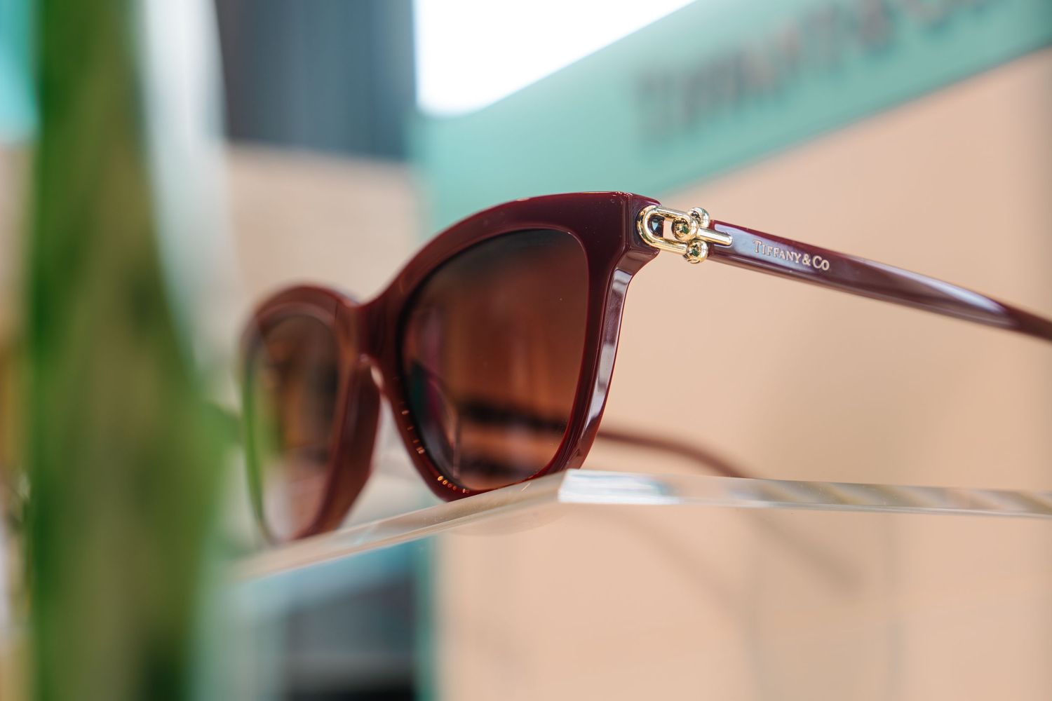 Tiffany & Co. brown cat-eye sunglasses with gold logo detail displayed on a retail shelf.