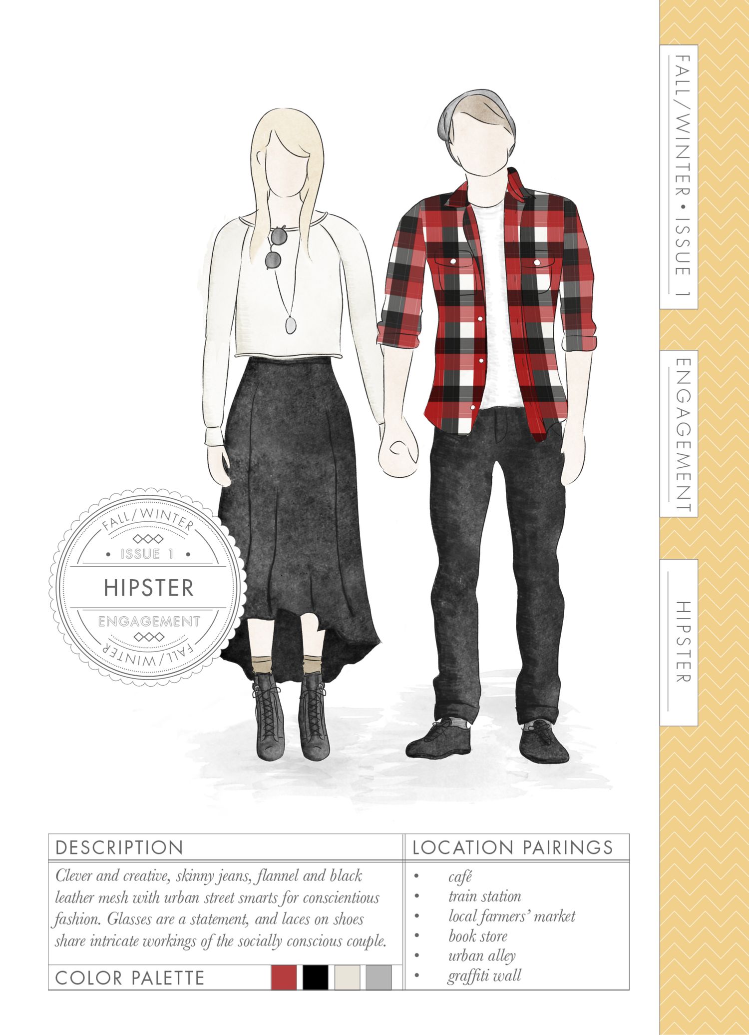 Hipster engagement couple illustration showing woman in plaid skirt and man in flannel shirt, from a fall/winter fashion guide.