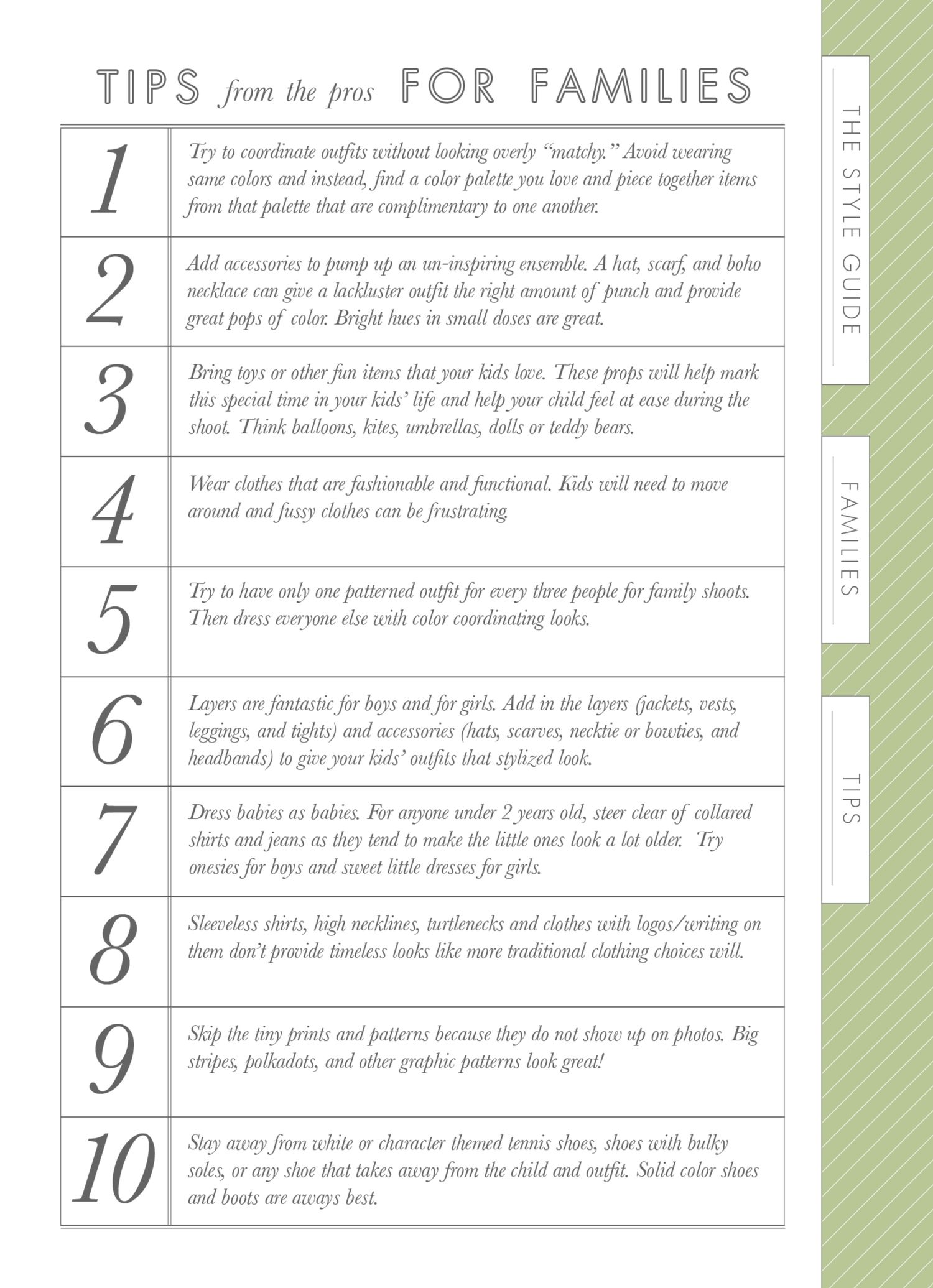 A styled tips guide for family photo outfits featuring 10 numbered professional styling tips on a white background.