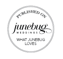A circular black and white logo for Junebug Weddings featuring the text 'What Junebug Loves' in elegant typography.