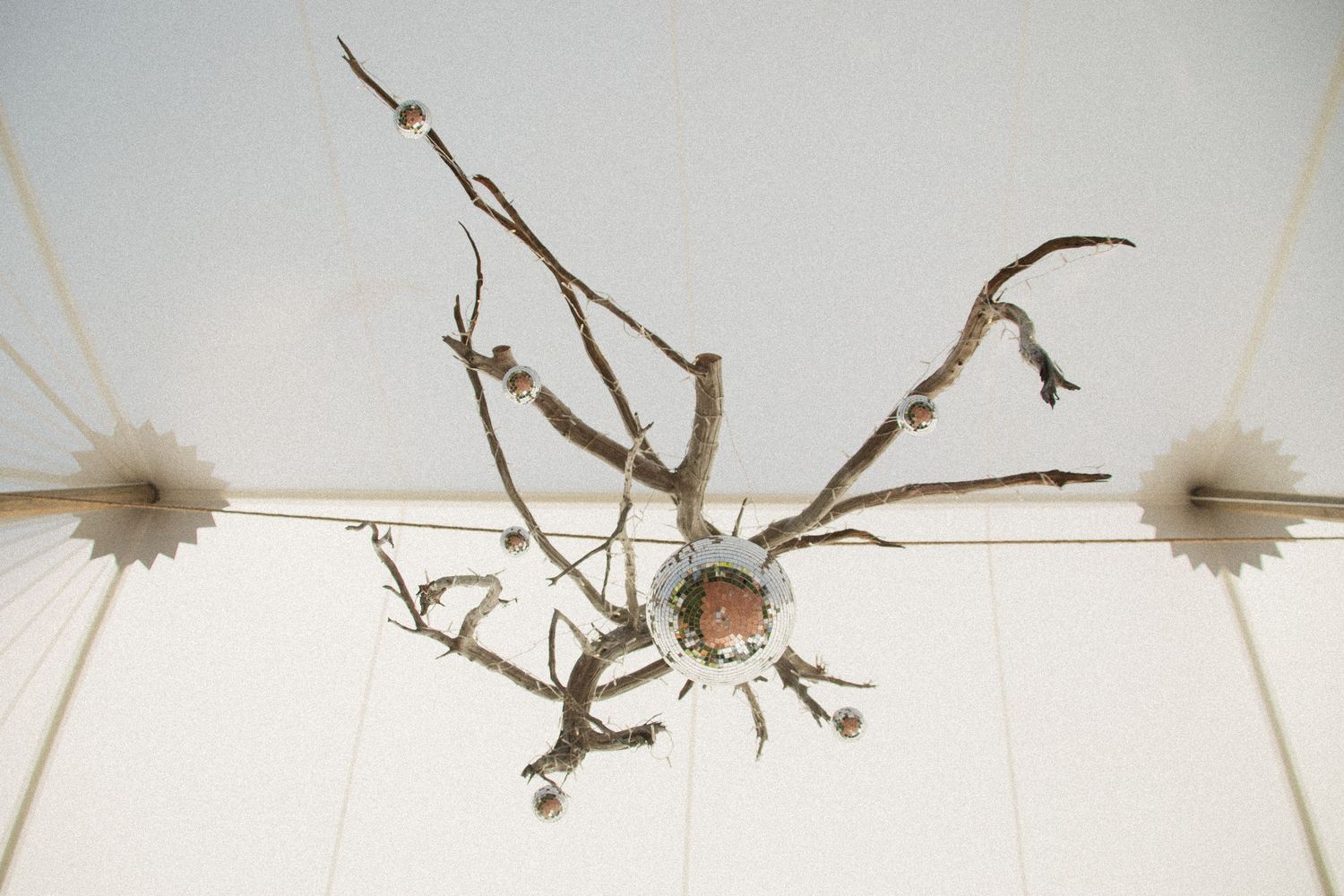Rustic branch chandelier with decorative elements hanging from white tent ceiling.
