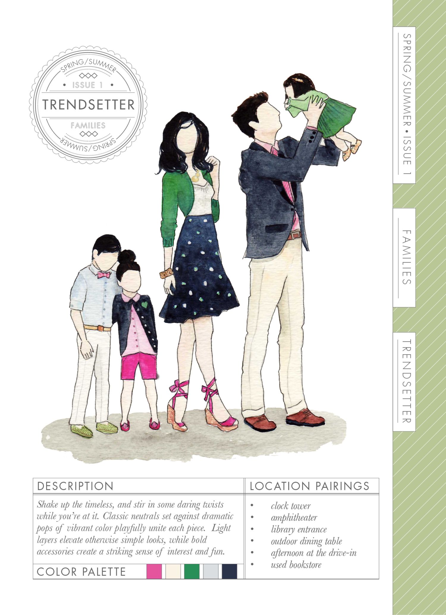 Watercolor illustration of a stylish family in coordinated outfits for a spring/summer trendsetter fashion guide.