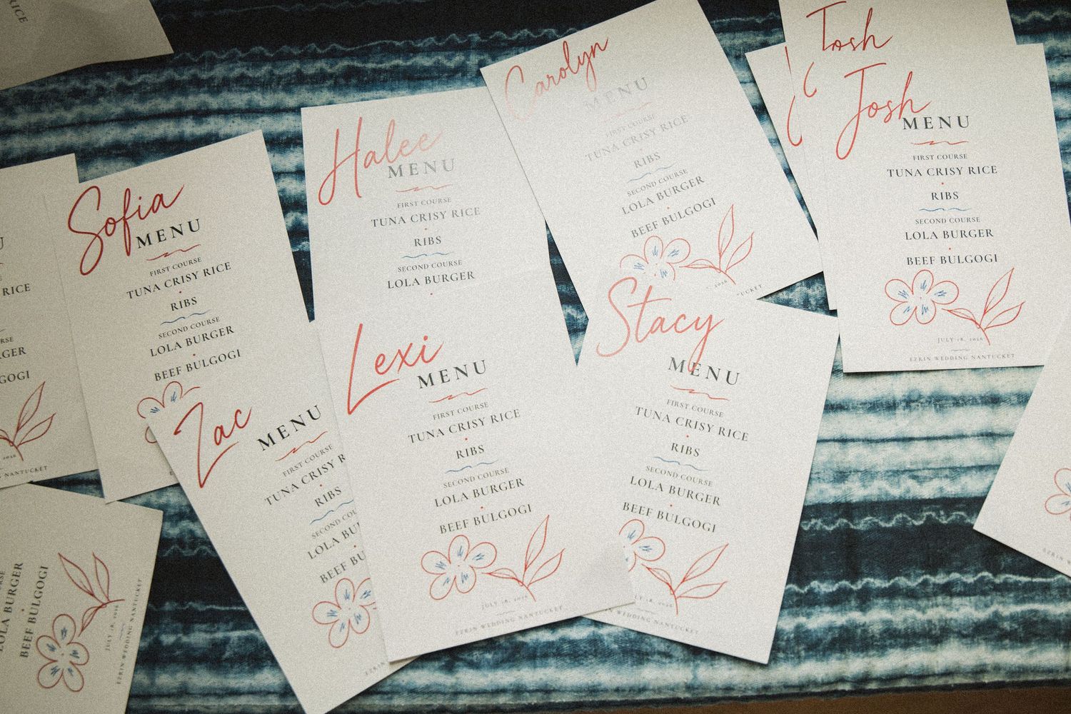 Personalized wedding menu cards with pink script names including Sofia, Halie, Lexi, Stacy, Josh, and Zac on white cardstock.