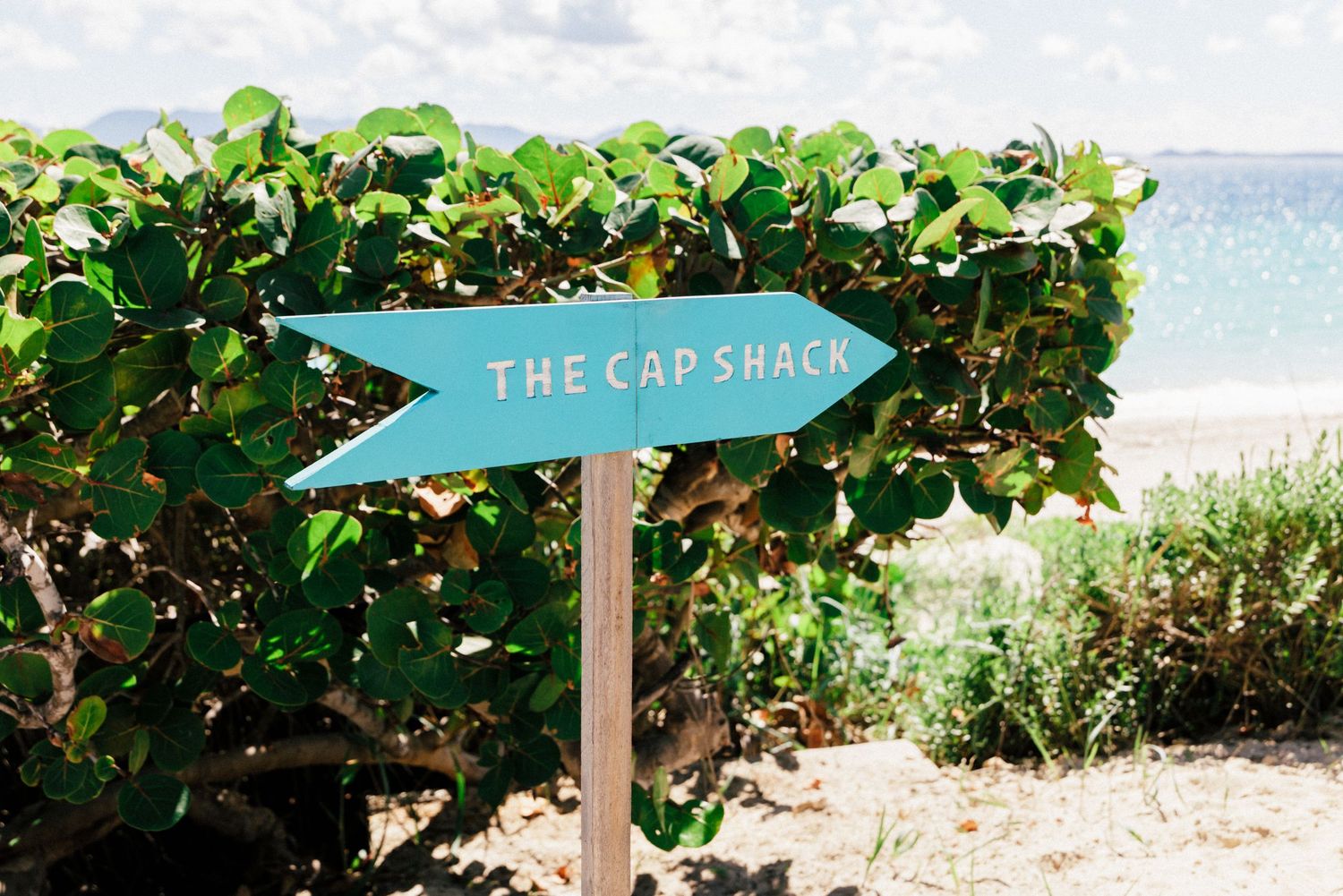 Beachfront directional signs with turquoise water and tropical foliage in the background.