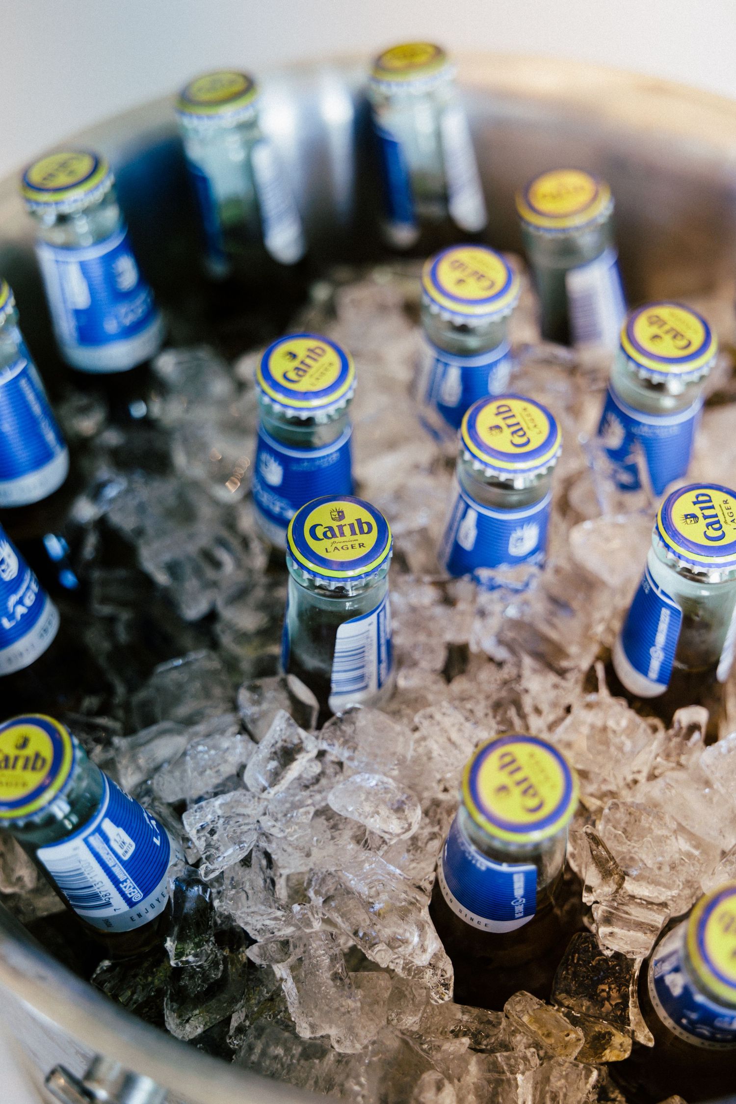 Blue glass bottles of Carib beer chilling in ice bucket.