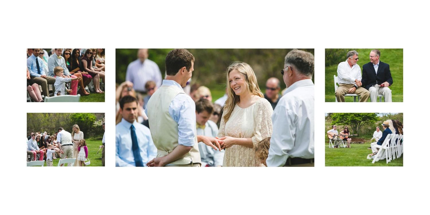 Wedding ceremony moments captured in a series of candid photographs outdoors.