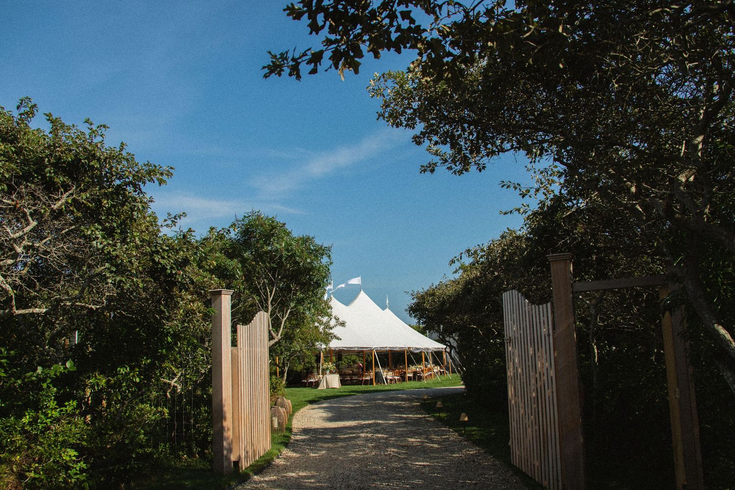 A white wedding tent at the end of a tree-lined pathway creates an elegant outdoor venue setting.