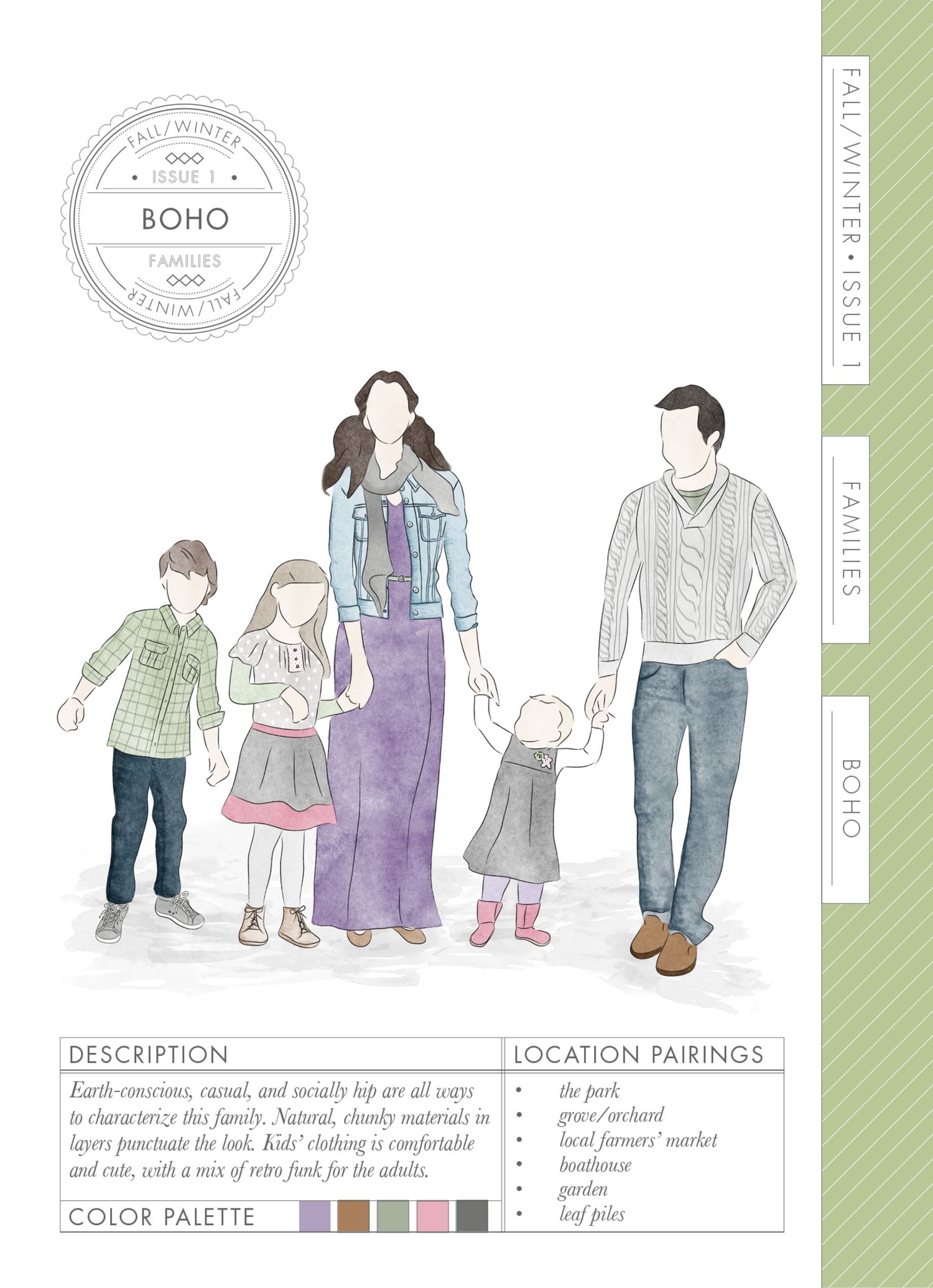 Boho family fashion illustration showing parents and children in earthy tones with a color palette and style guide for fall/winter.