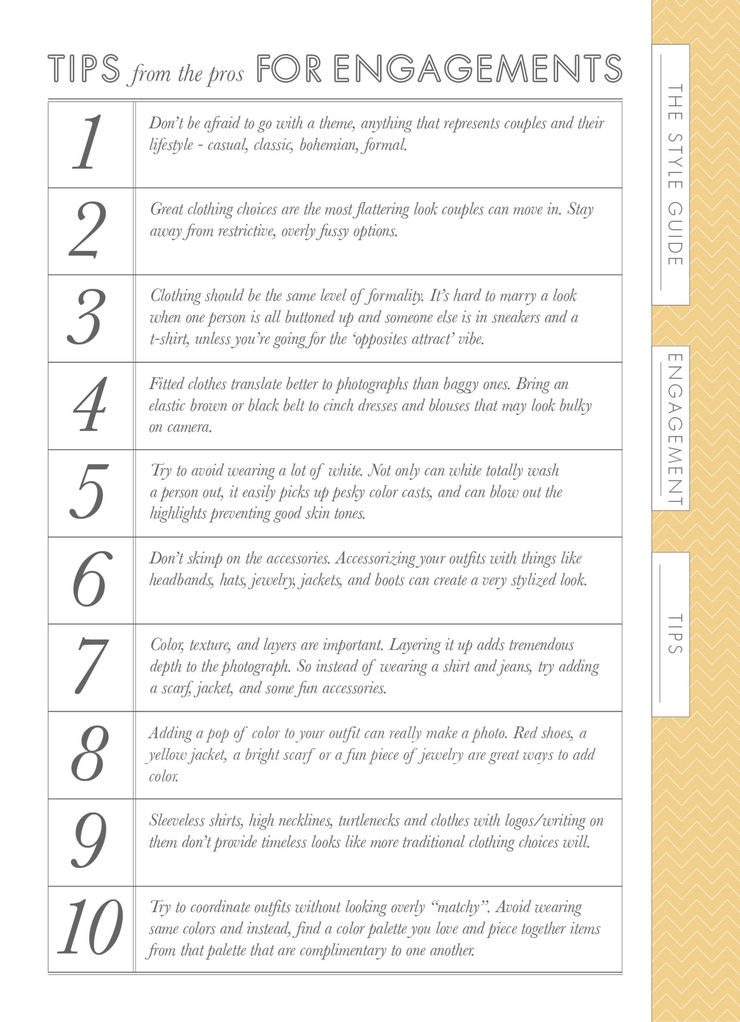A styled tips guide for engagement photos featuring 10 professional photography advice points on a cream background.