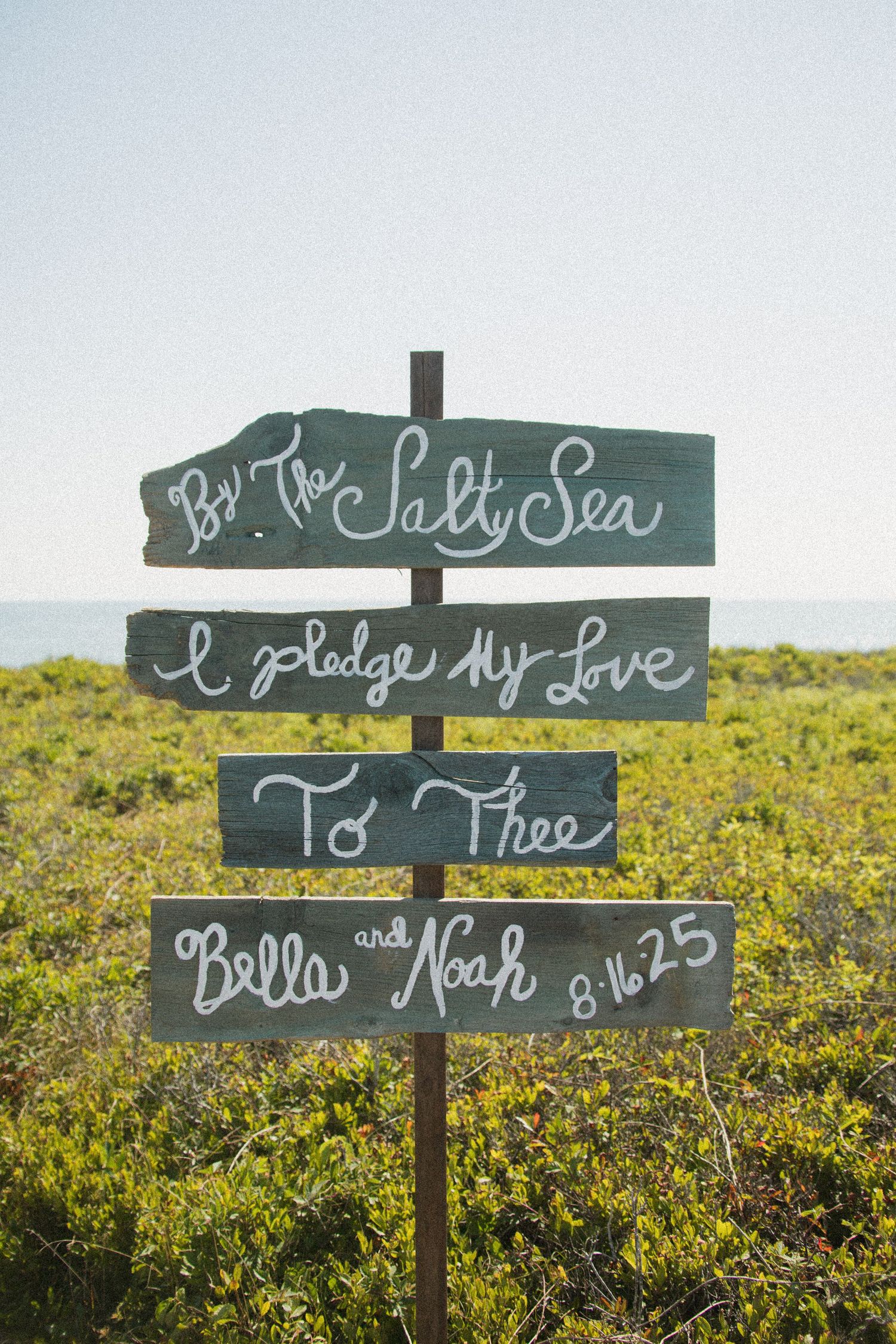 Rustic wooden wedding sign with handwritten text about the salty sea stands in a grassy coastal field.