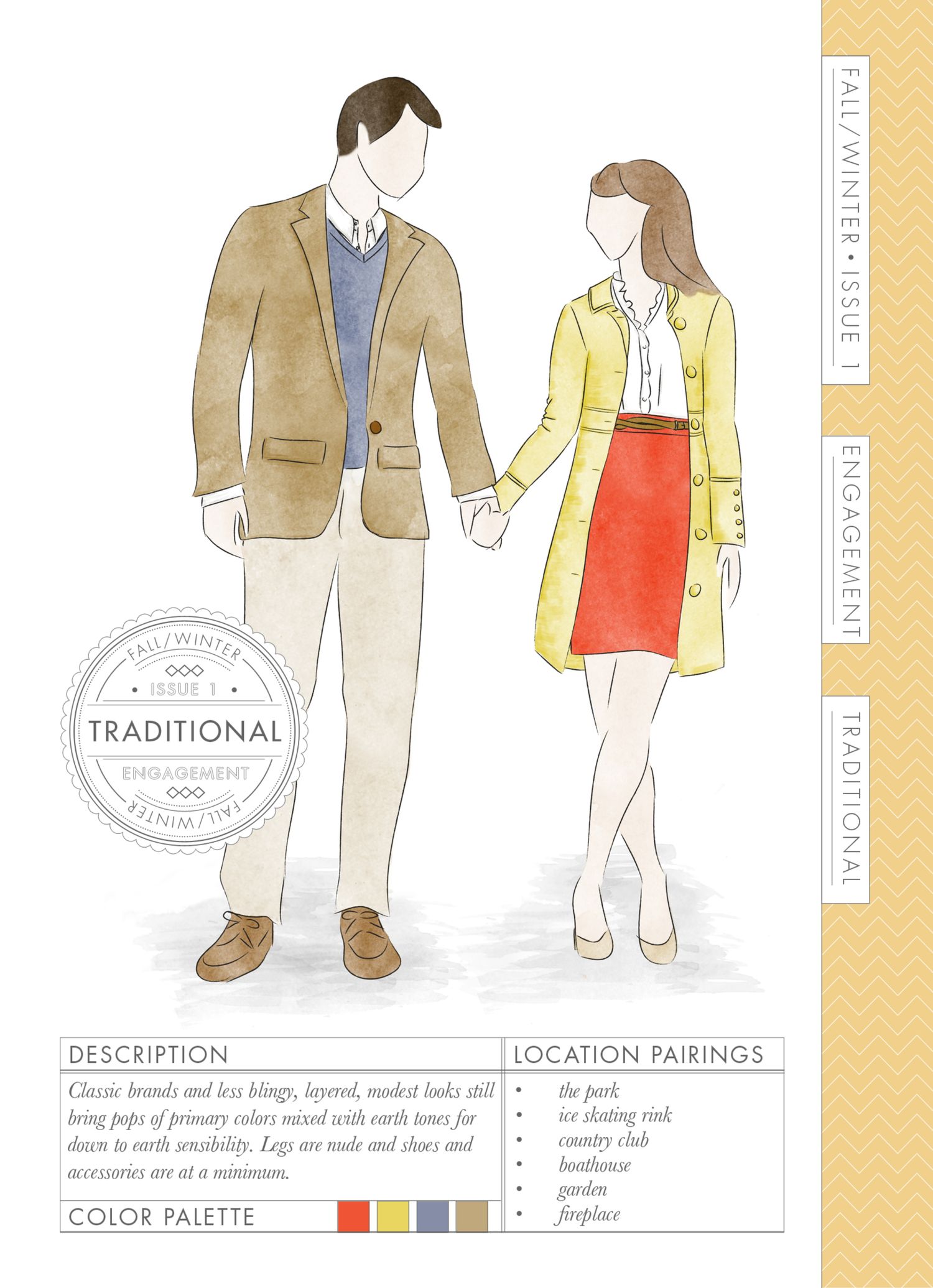 Watercolor illustration of a couple in fall engagement outfits, man in blazer and woman in yellow coat with red skirt.