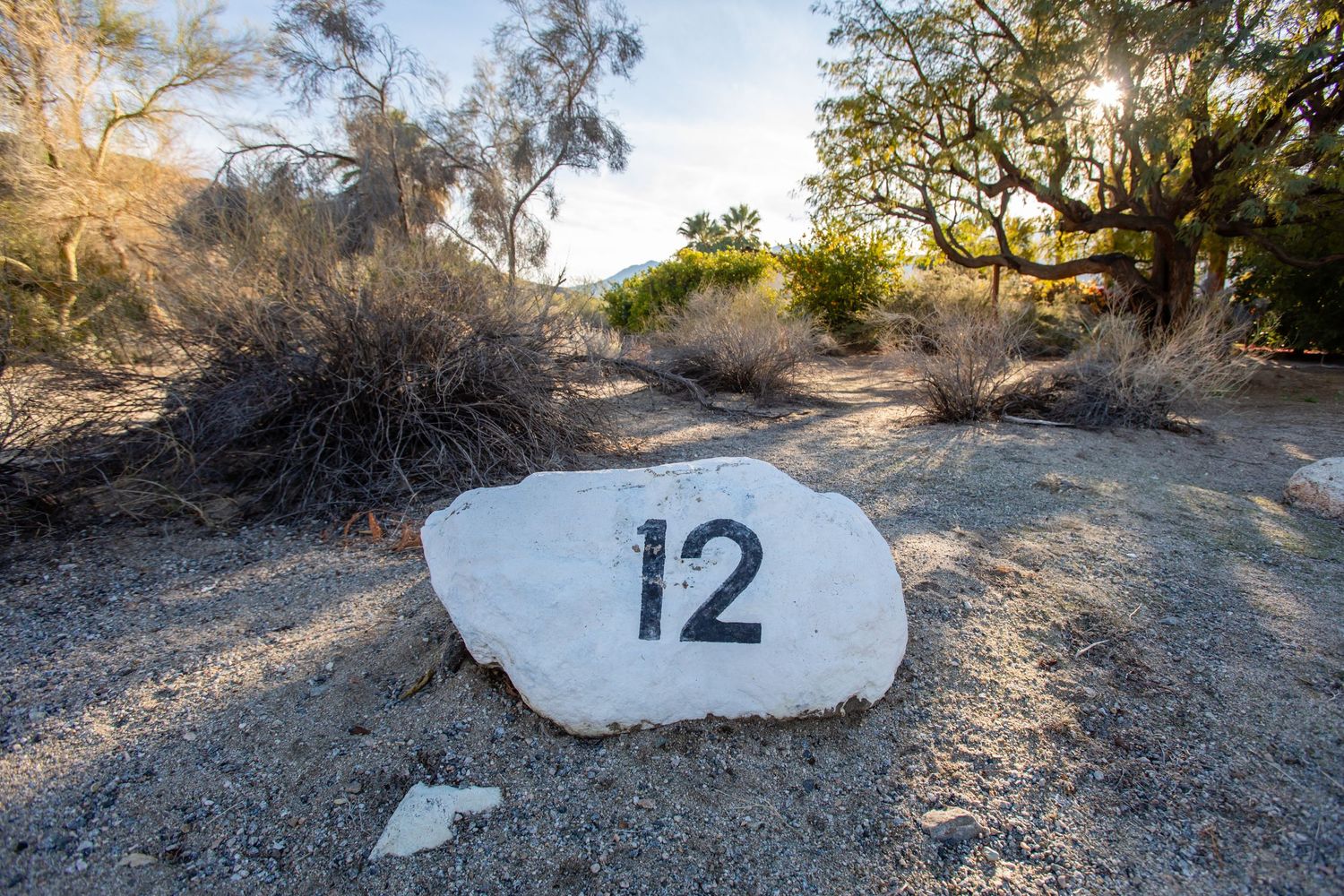 Desert pathway with numbered stone markers leading through arid landscape.