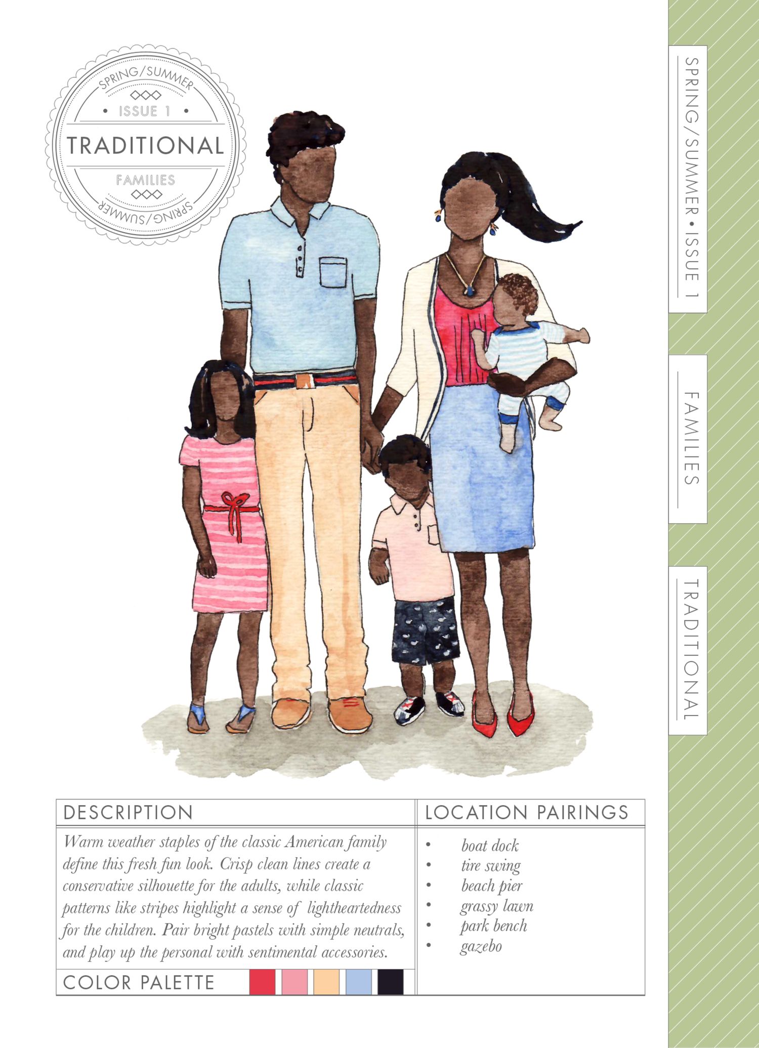 Watercolor illustration of a traditional African American family in classic spring summer outfits with color palette and style guide.