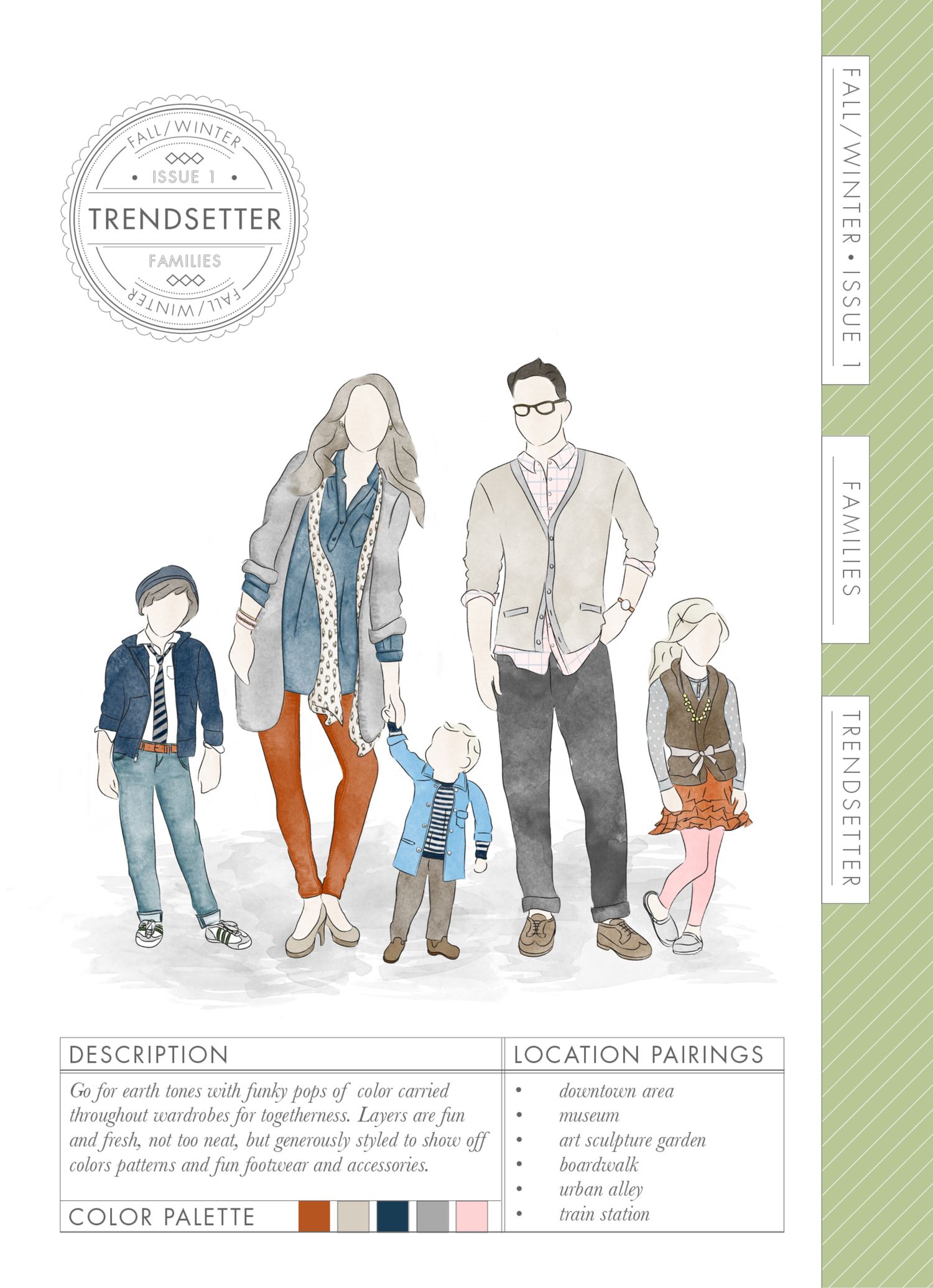 Fall/Winter family fashion illustration showing trendsetter style guide with earth tones, color palette, and location pairing suggestions.