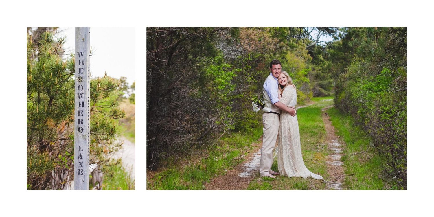 Artistic wedding photography shots taken along rustic paths and natural settings.