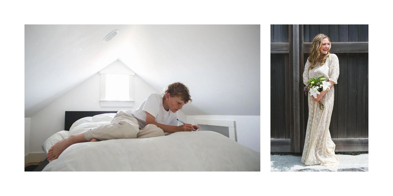 Wedding day diptych showing morning preparation and bridal portrait moments.