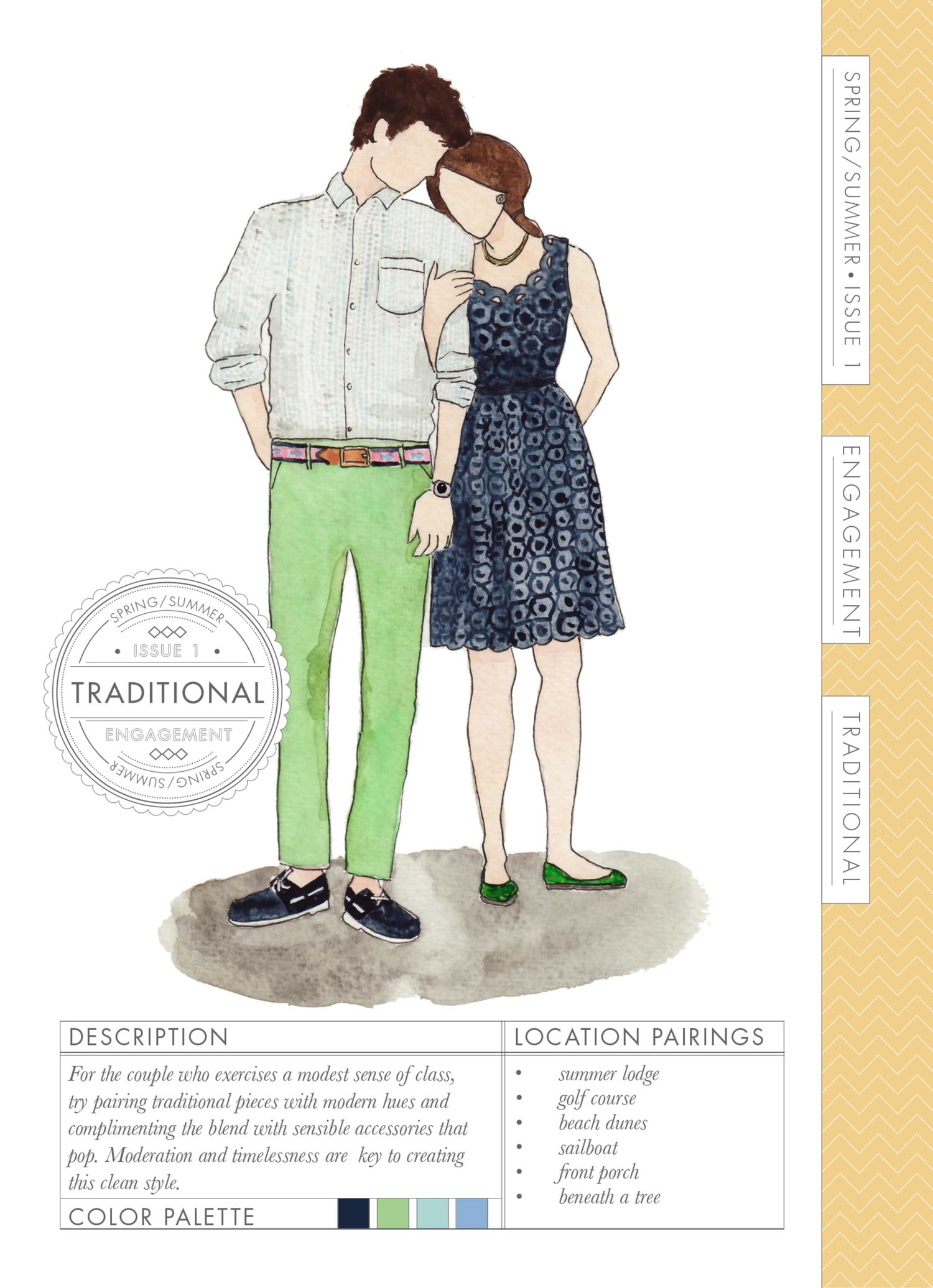 Watercolor illustration of a couple in traditional engagement style outfits with color palette and location pairings guide.
