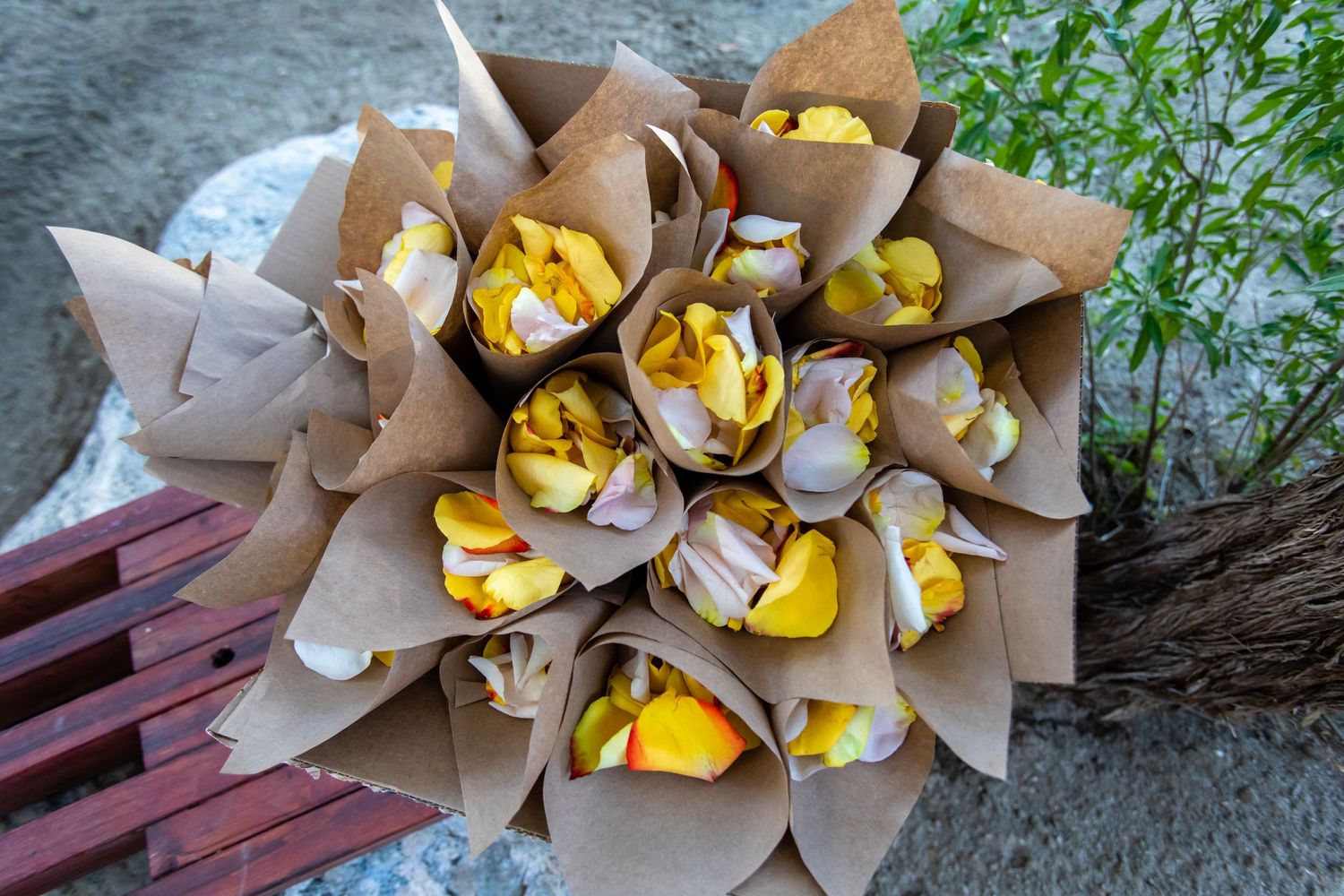 Bouquet of yellow tulips wrapped in brown paper.
