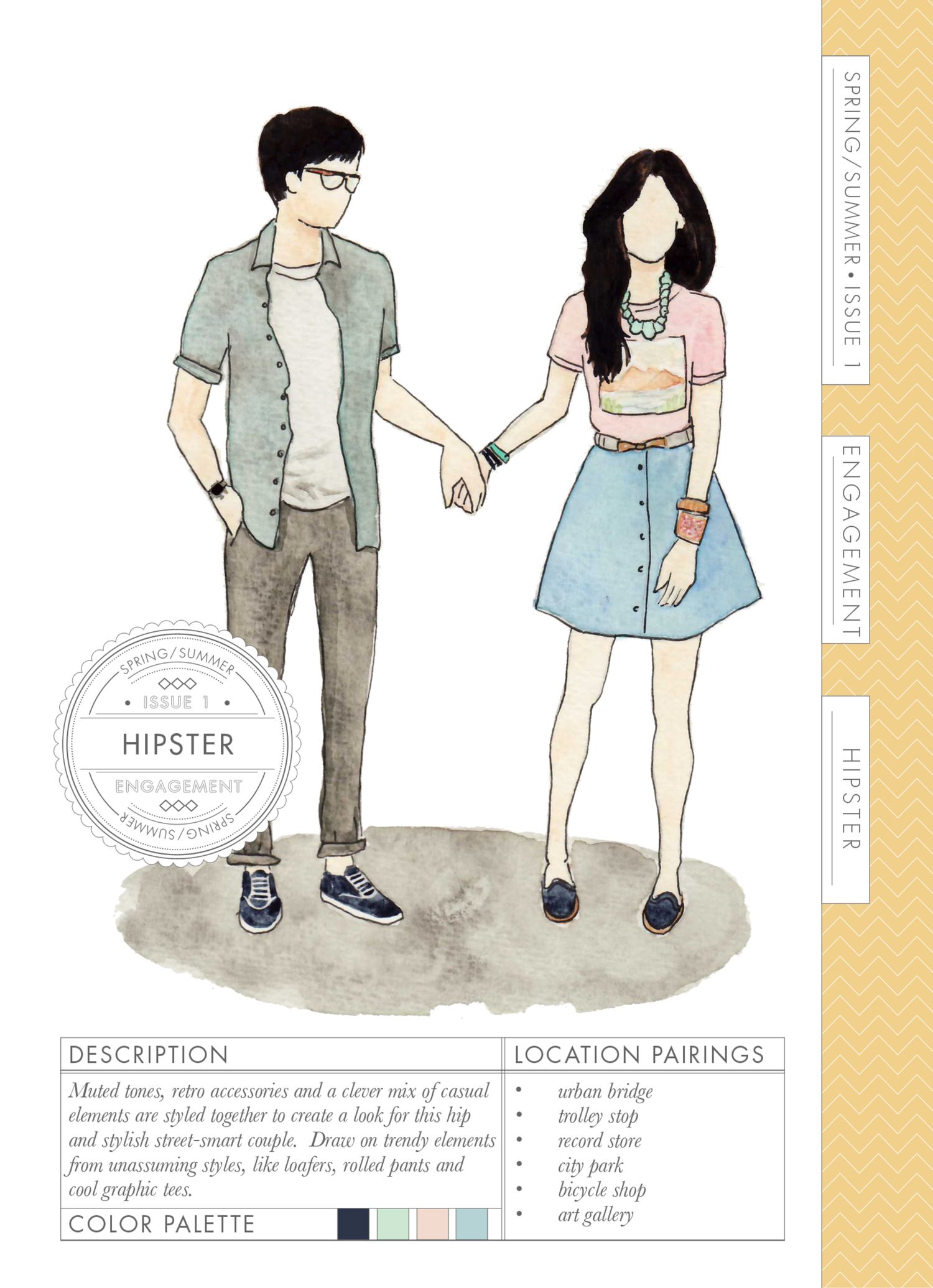 Illustrated hipster couple in casual spring fashion holding hands, styled guide with color palette and location pairings.