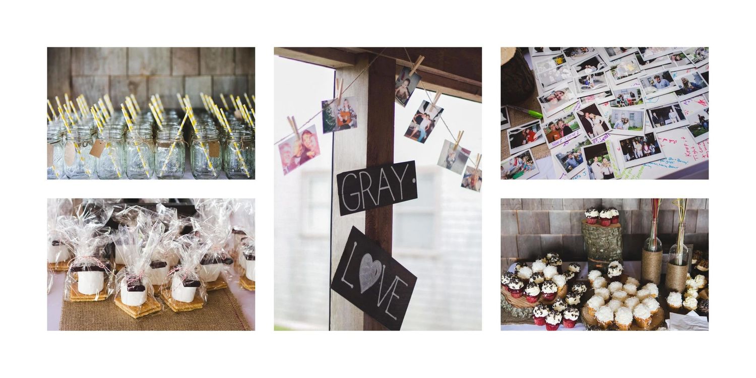 Wedding reception details including place cards, guest book, and decorative elements.