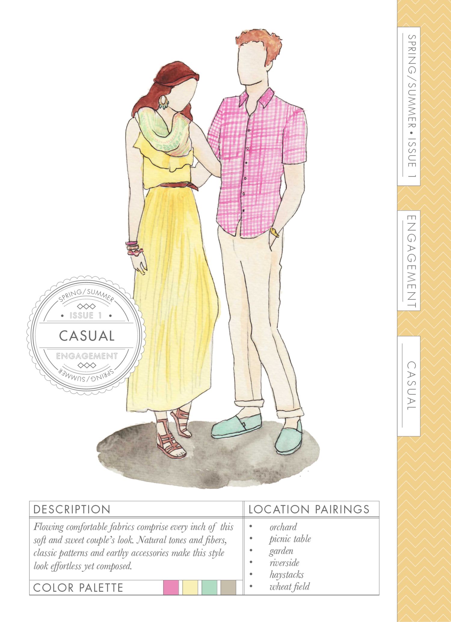 Watercolor illustration of a casual couple in spring/summer engagement outfits with earthy tones, color palette, and location pairing guide.