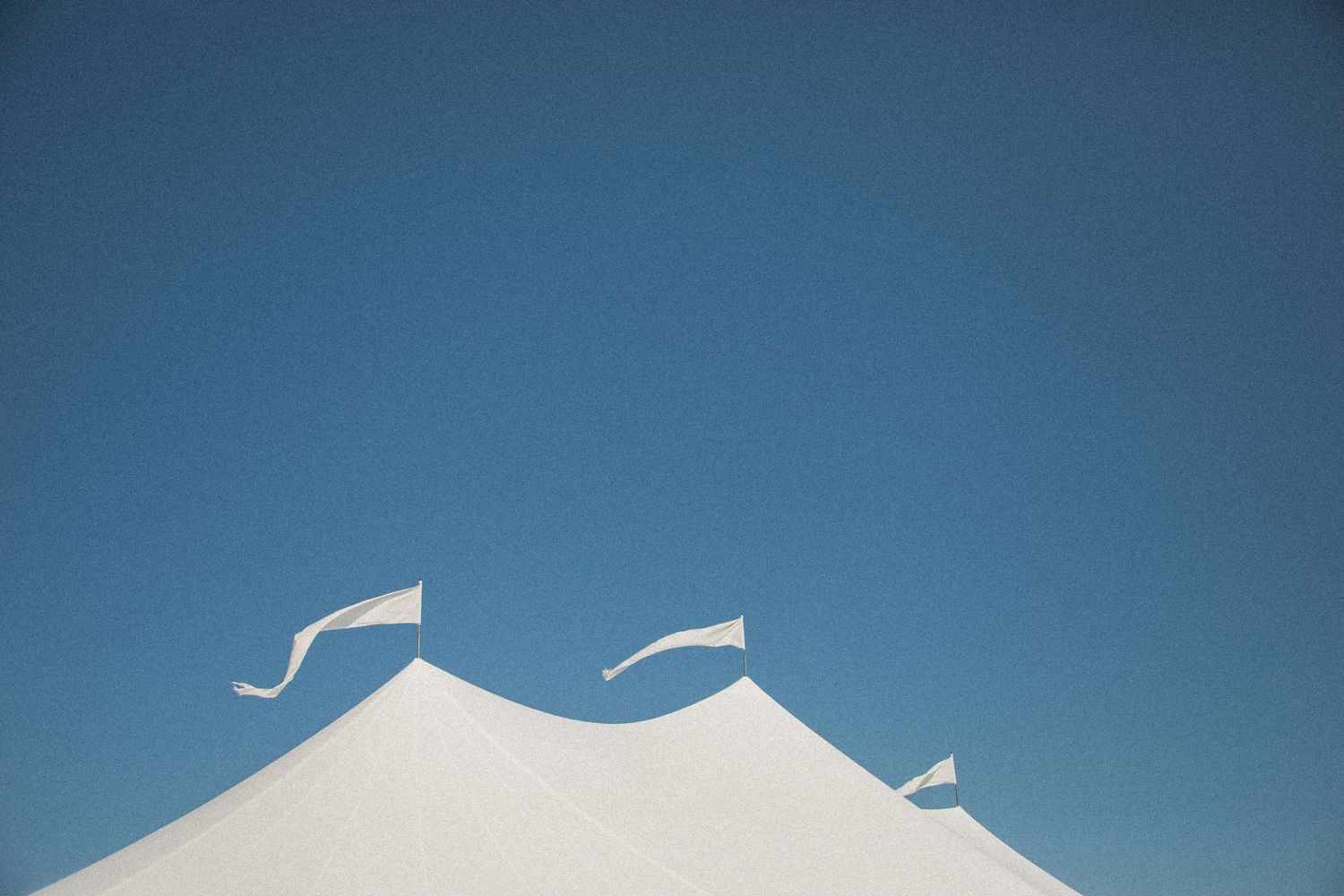 White event tent with small white flags against a clear blue sky.