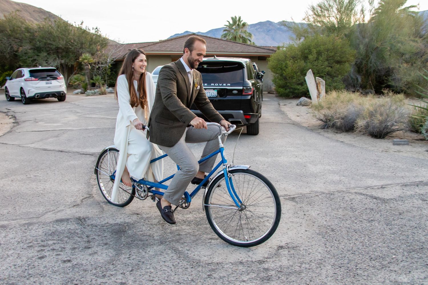 A blue bicycle parked in a desert landscape with mountains and palm trees in the background.
