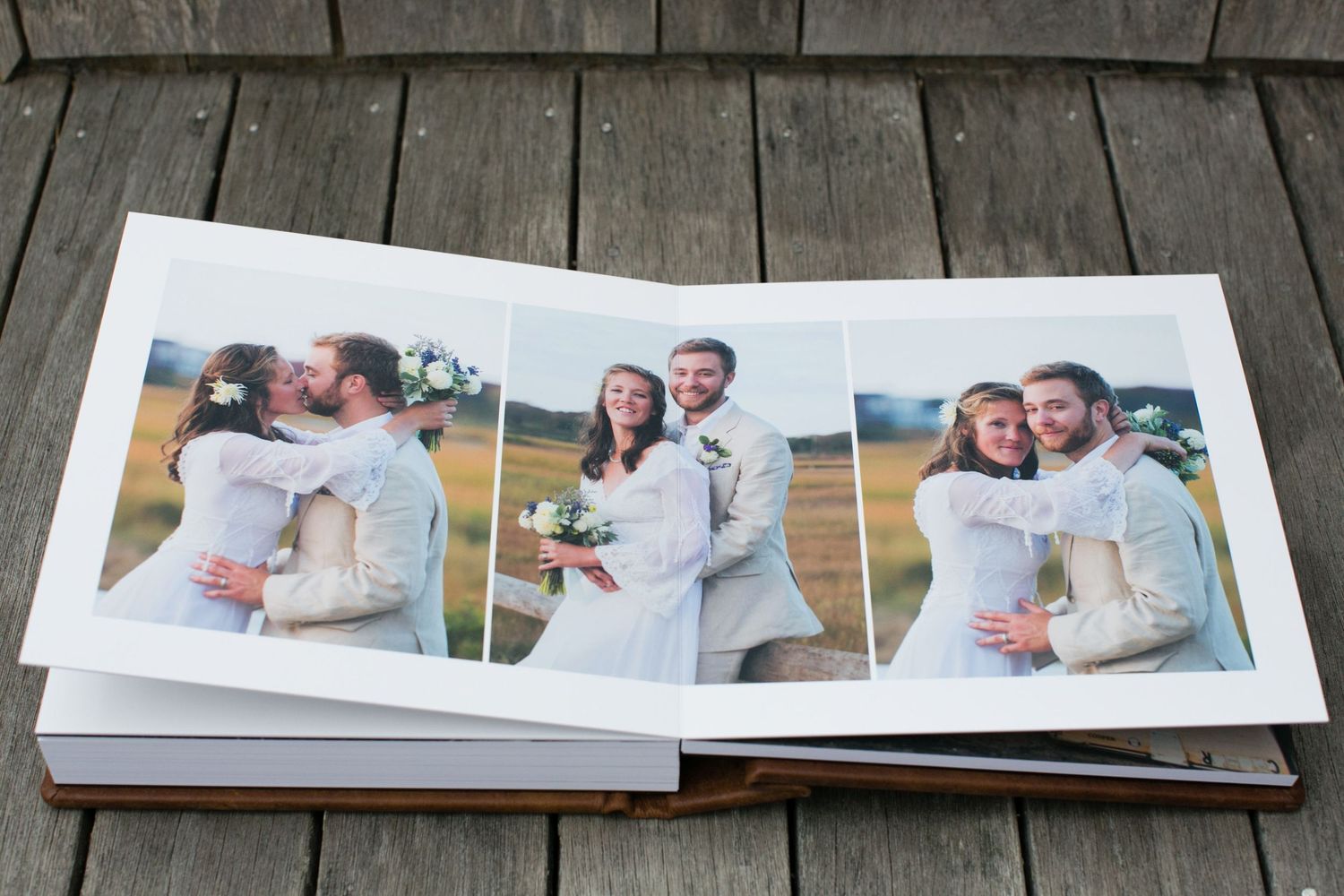Wedding photo album spread showing outdoor celebration moments.