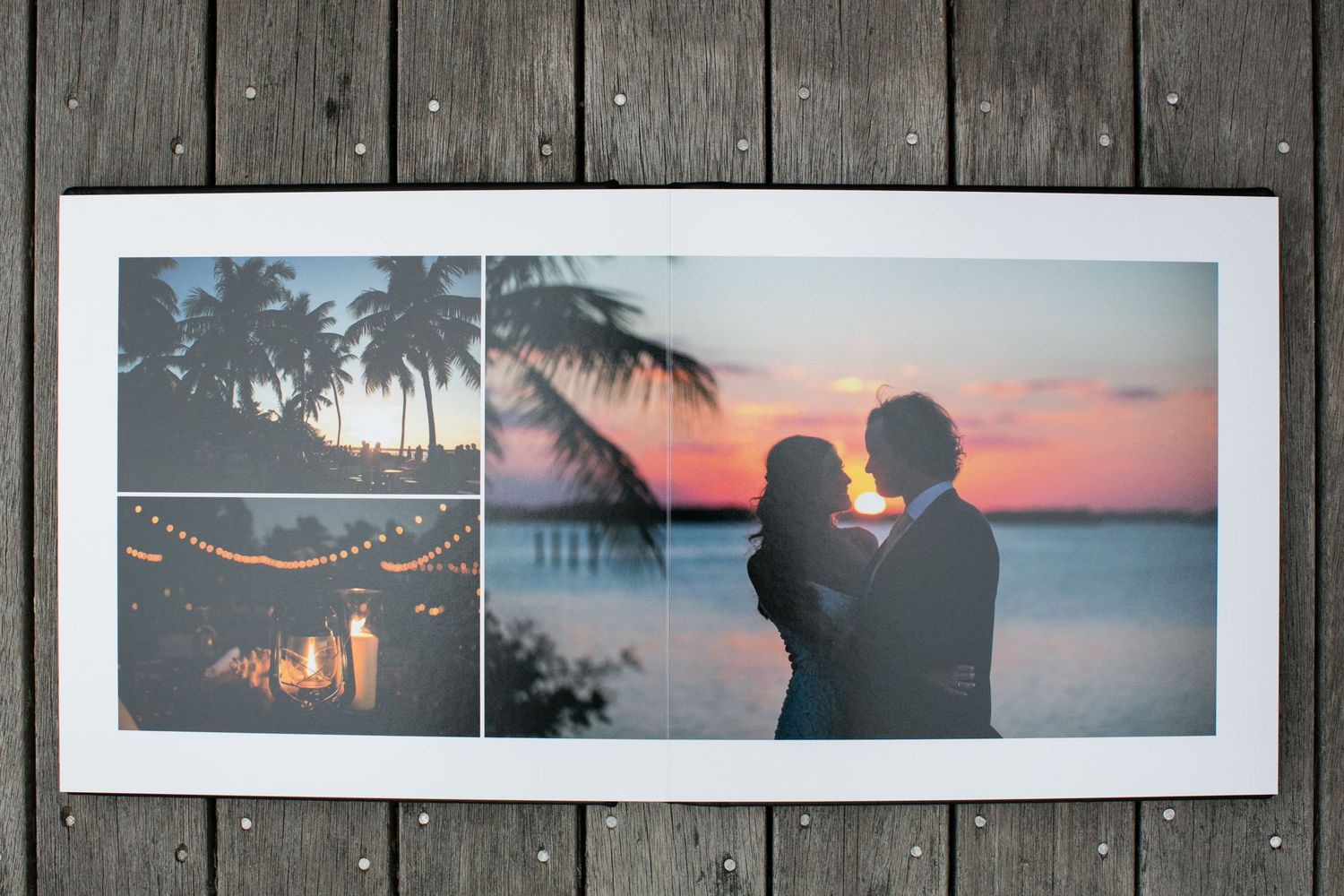 Wedding photo album showing romantic sunset beach scenes with palm trees.