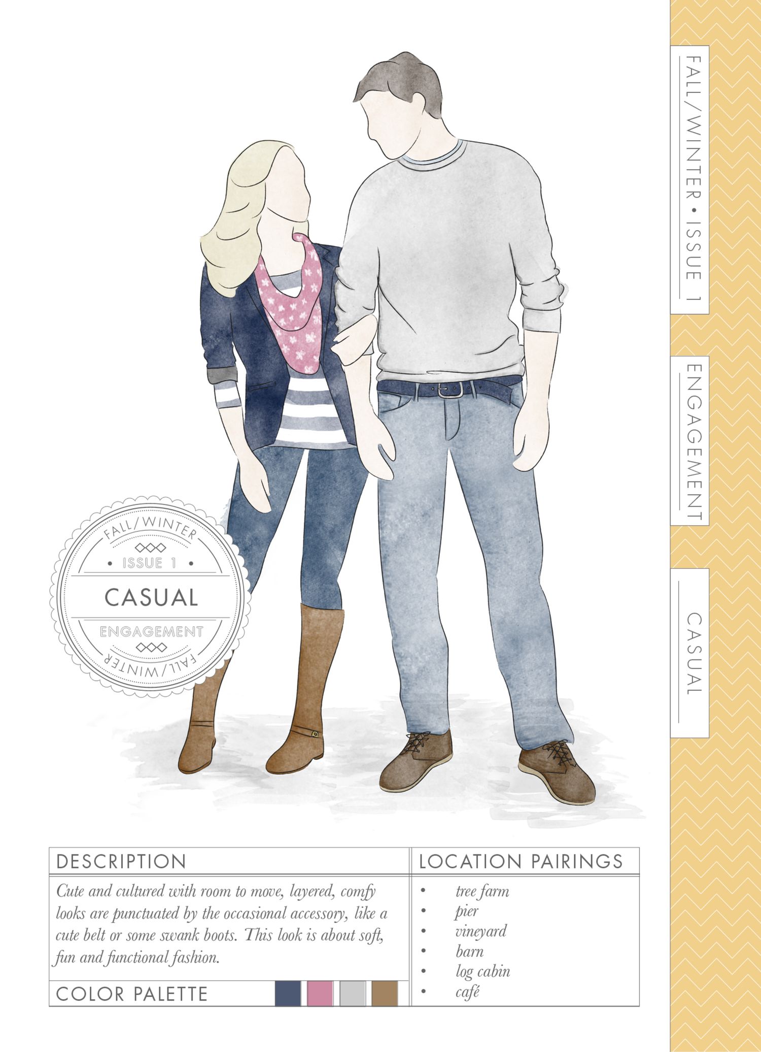 Watercolor illustration of a casual fall engagement outfit guide featuring a woman in boots and a man in a sweater.