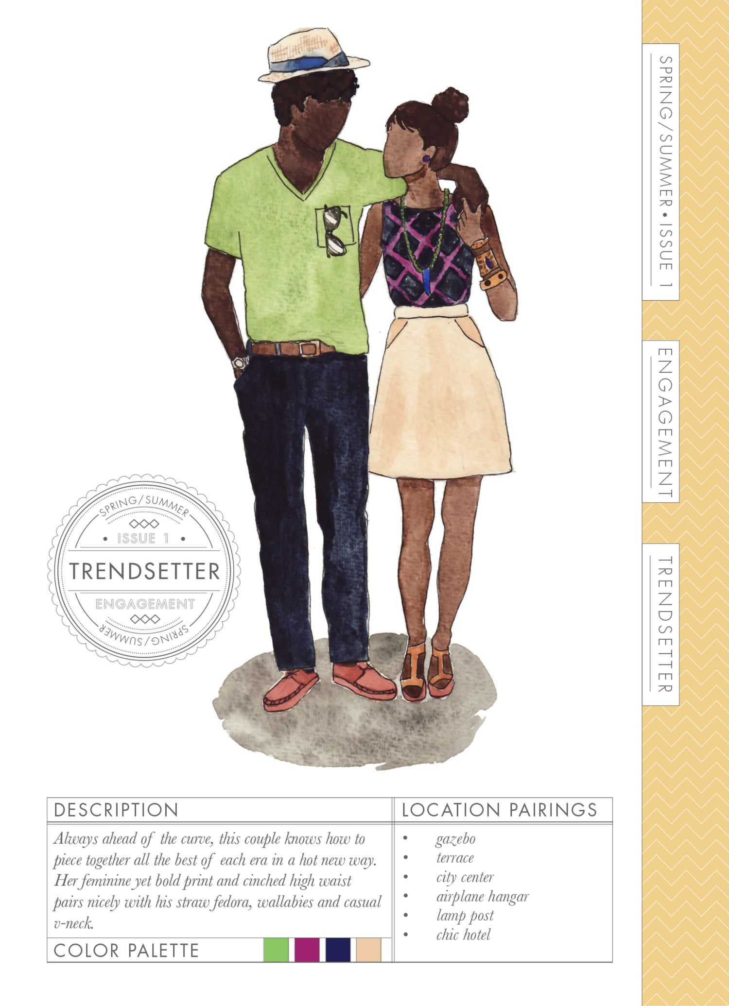 Illustrated fashion magazine spread featuring a stylish couple in spring/summer outfits with color palette and location pairings guide.