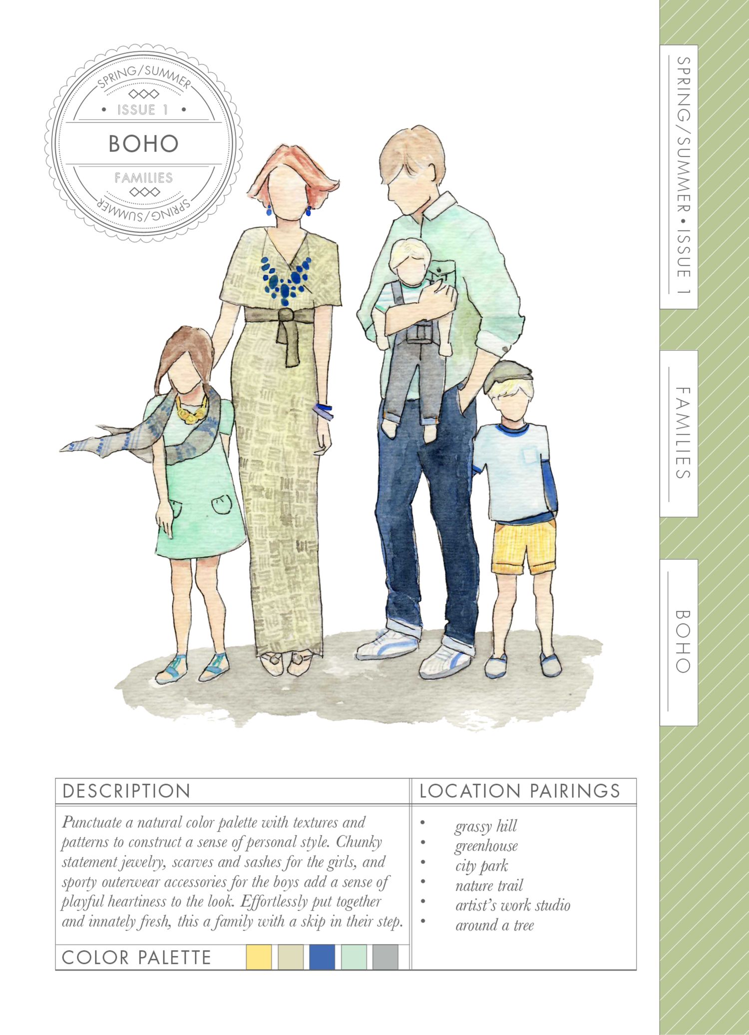 Boho family fashion illustration showing parents and children in spring/summer styles with color palette and location pairings guide.