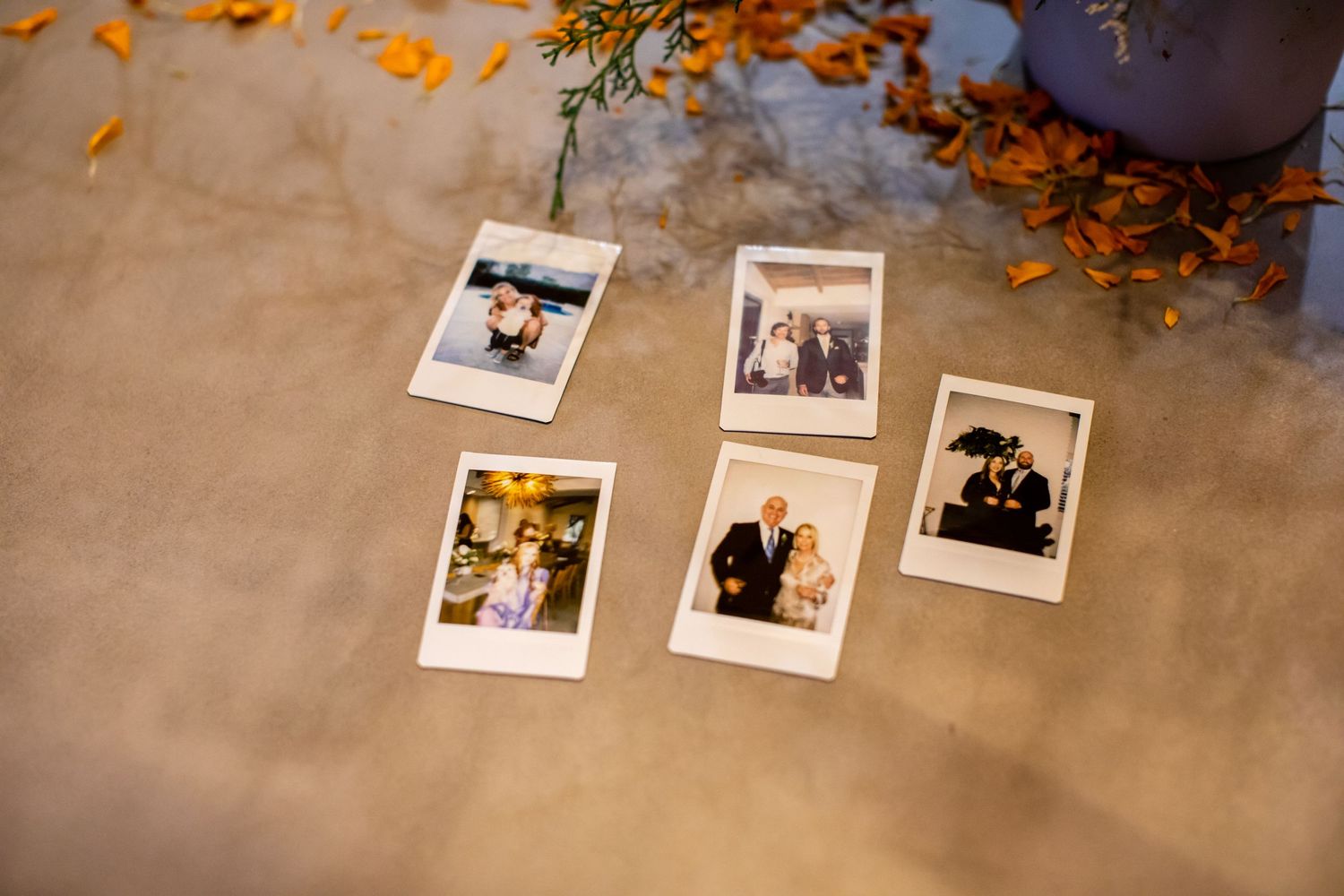 Polaroid photos scattered on a table with orange flower petals.
