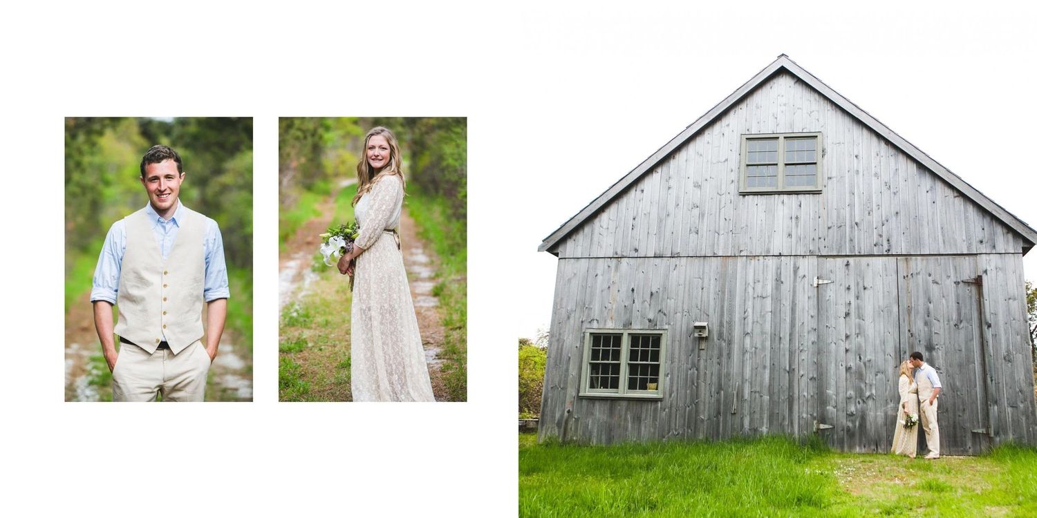 Wedding portraits taken in front of a rustic barn with natural landscaping.