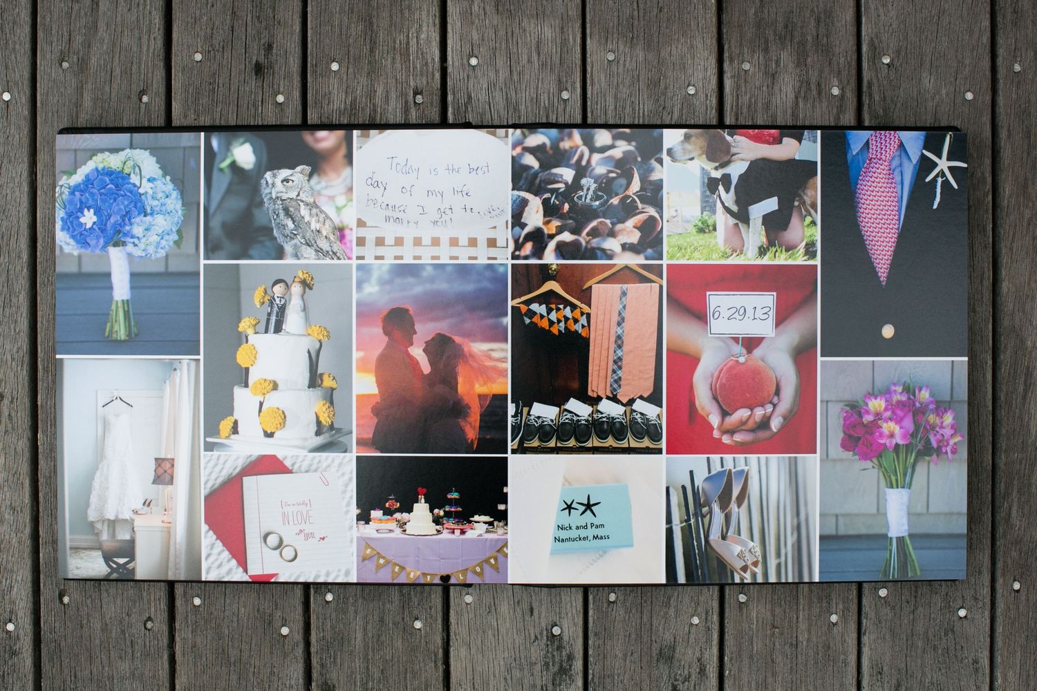 Photo collage display with various colorful images arranged in a grid on wooden surface.