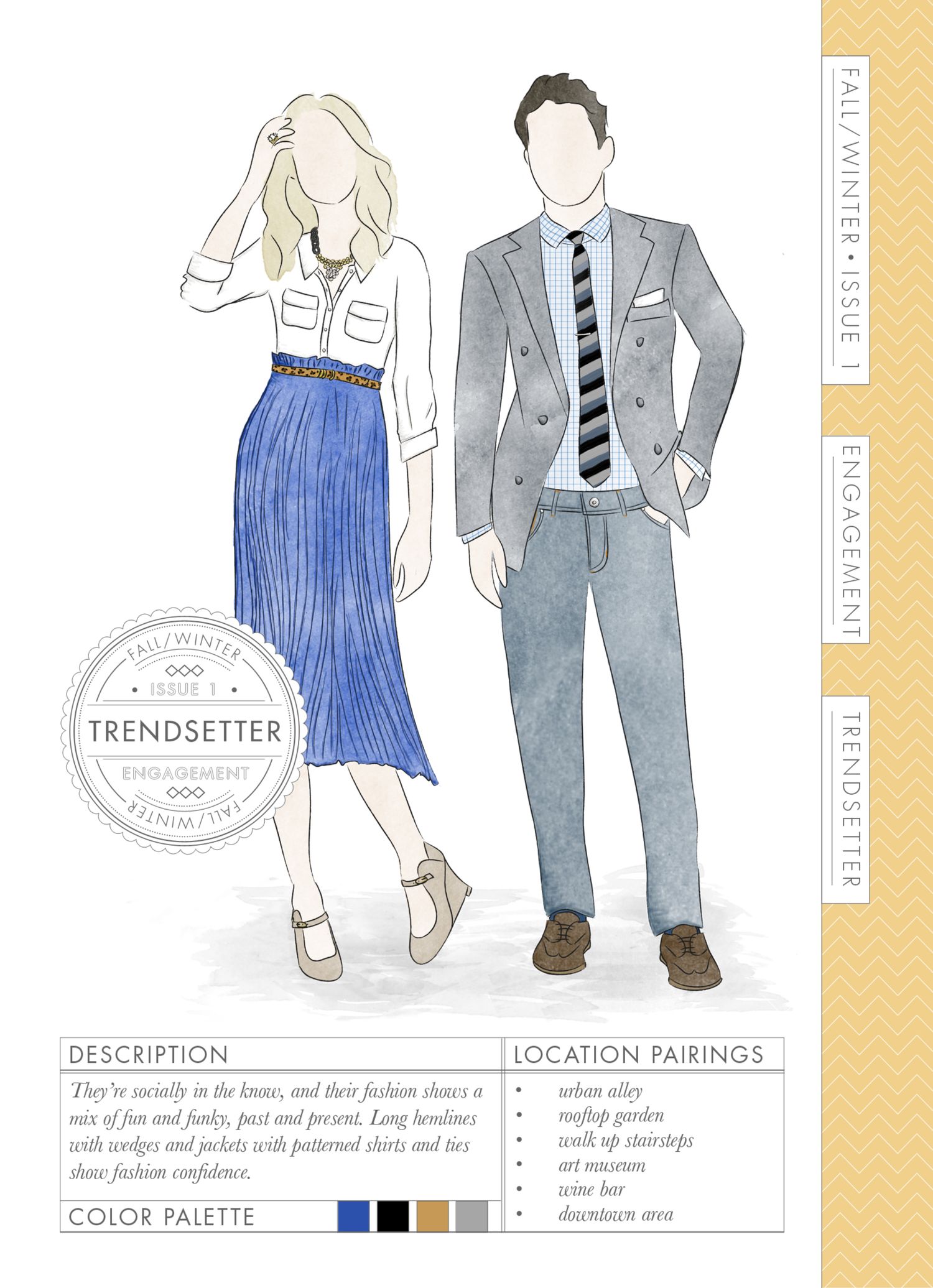 Watercolor illustration of a trendsetter couple in fall/winter fashion, featuring a woman in blue skirt and man in gray suit.