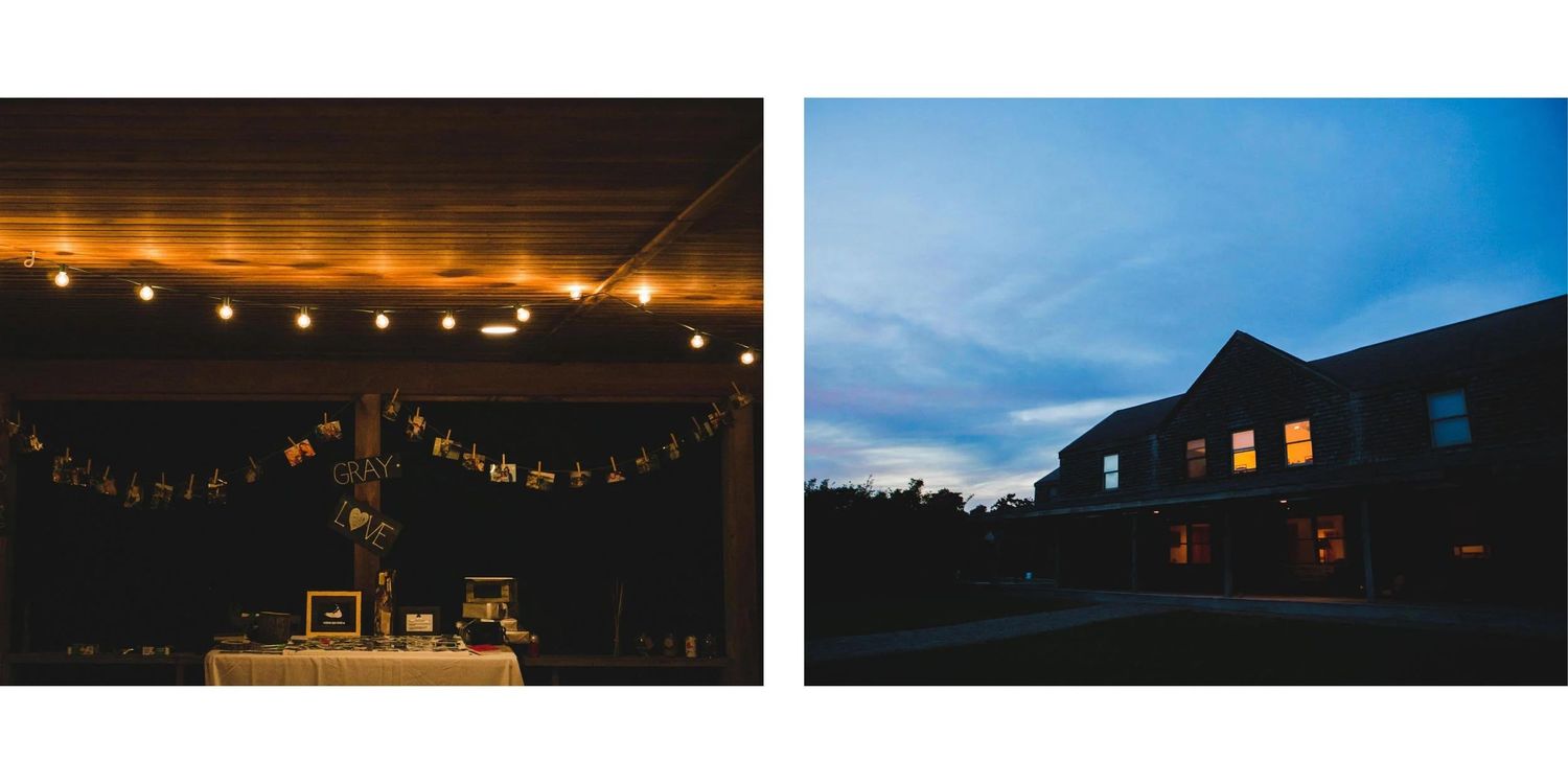 Evening wedding reception with string lights creating a magical atmosphere at dusk.