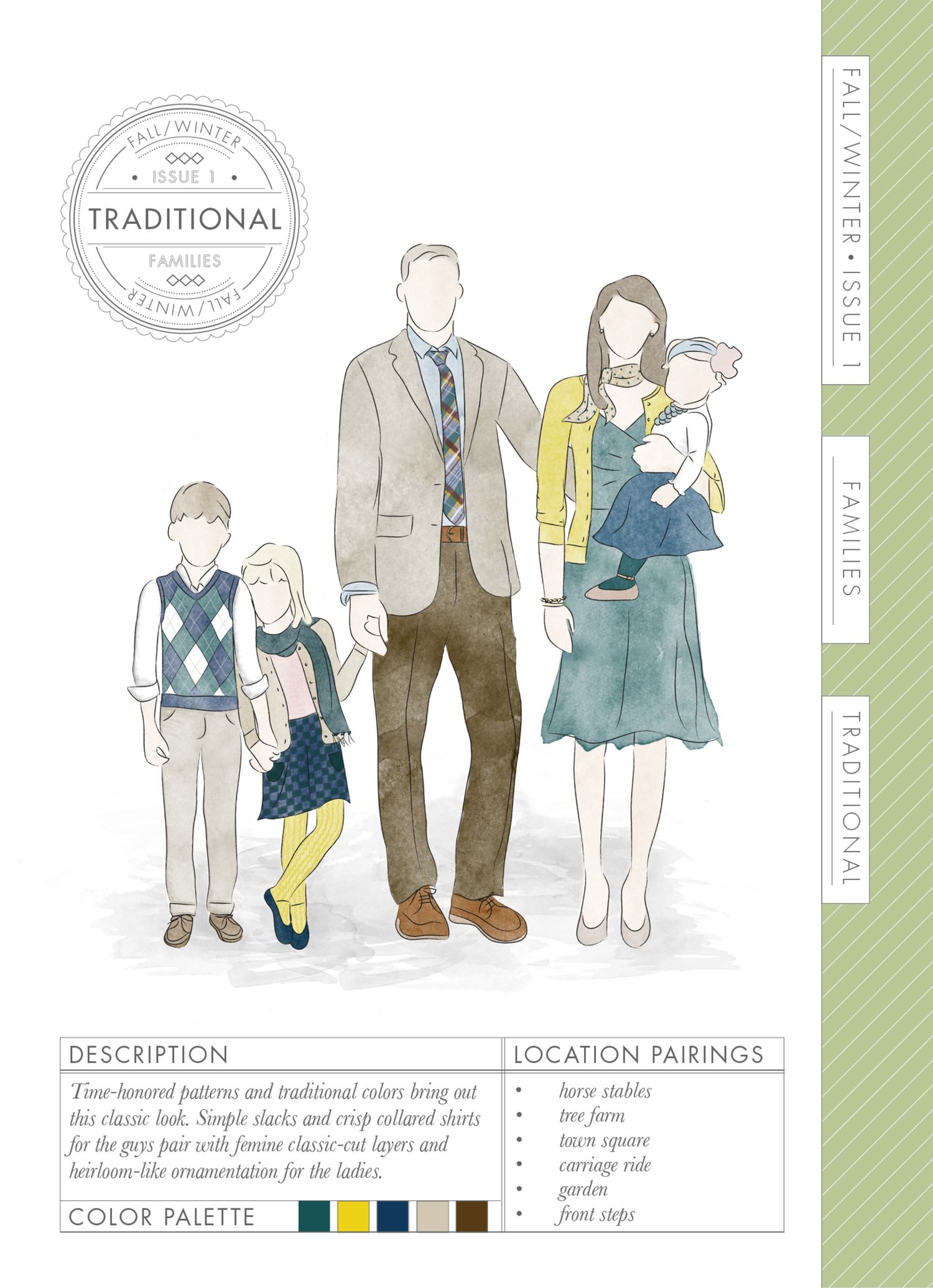 Watercolor illustration of a traditional family in classic fall outfits with style guide showing color palette and location pairings.