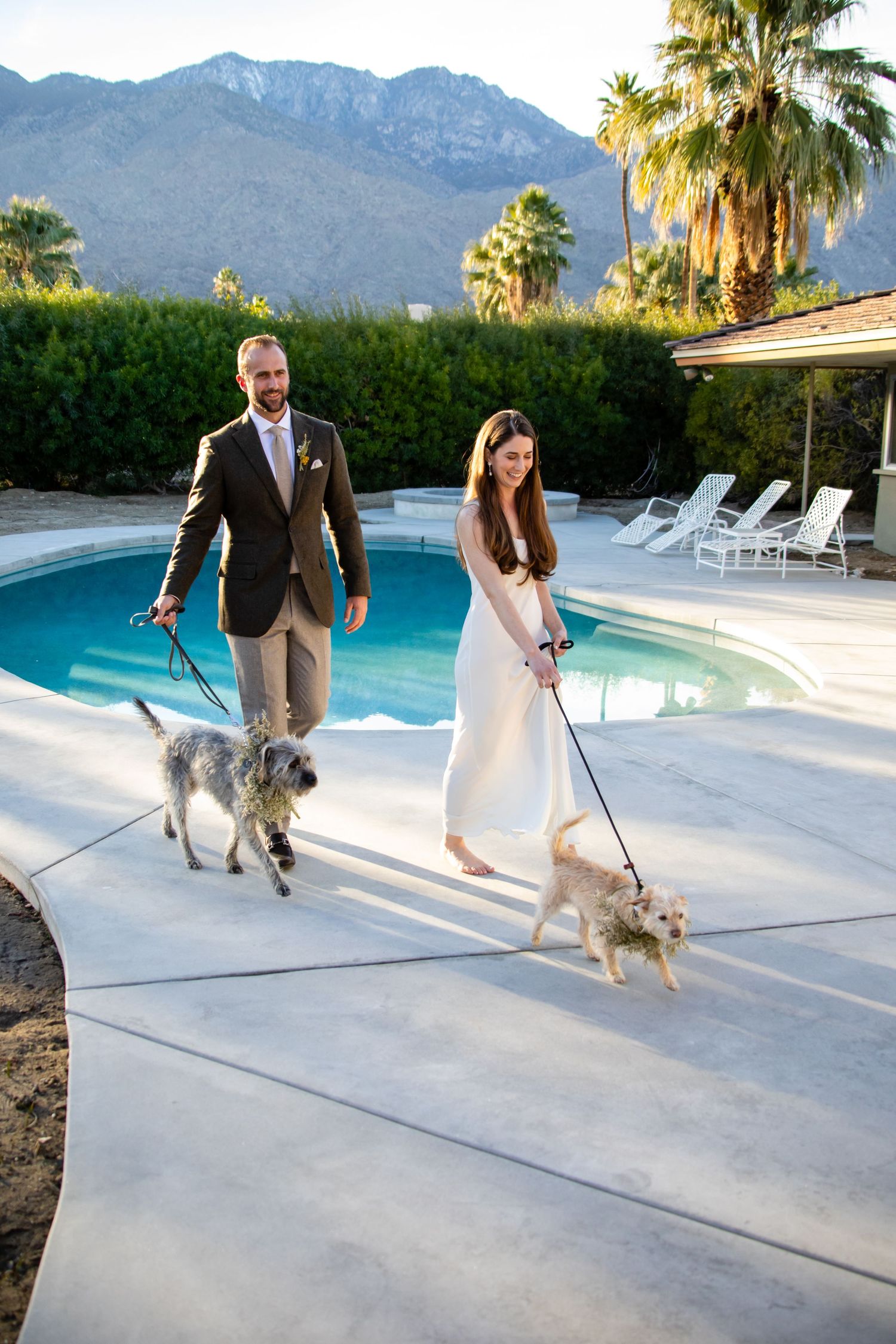 A couple walking their two small dogs along a white concrete pool deck with mountain views.