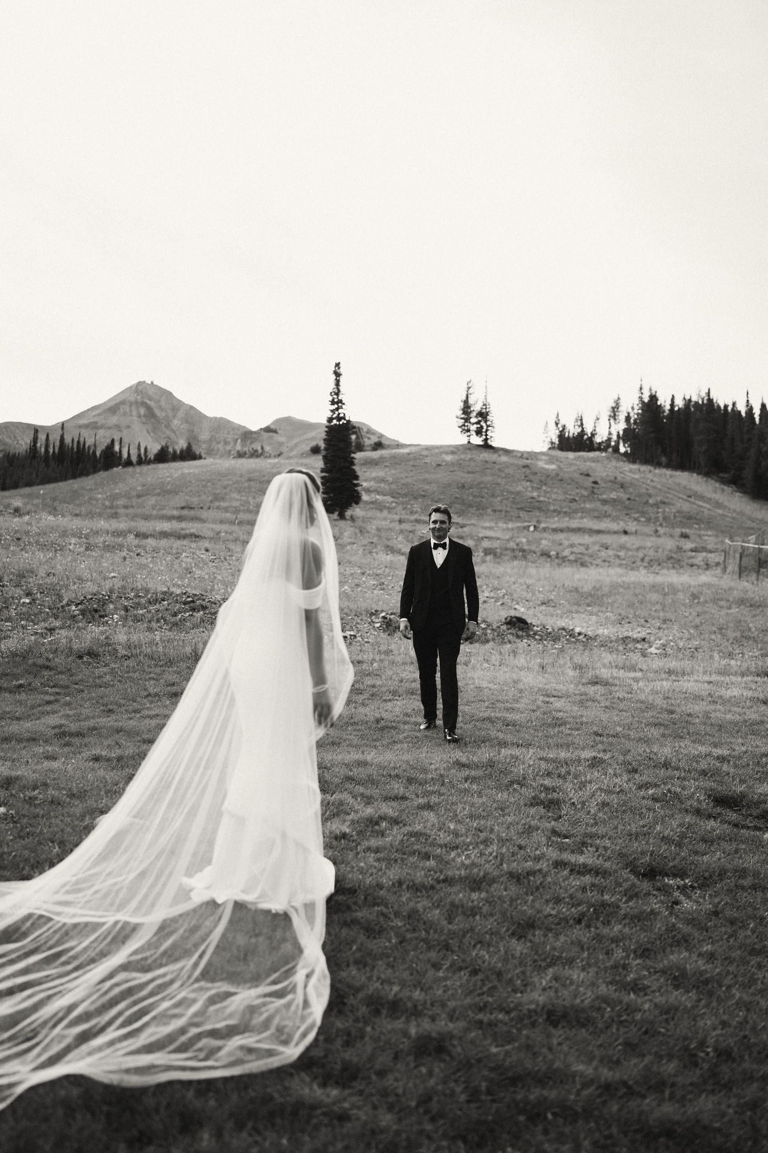 A dramatic black and white wedding photo with a flowing veil against a mountain backdrop.